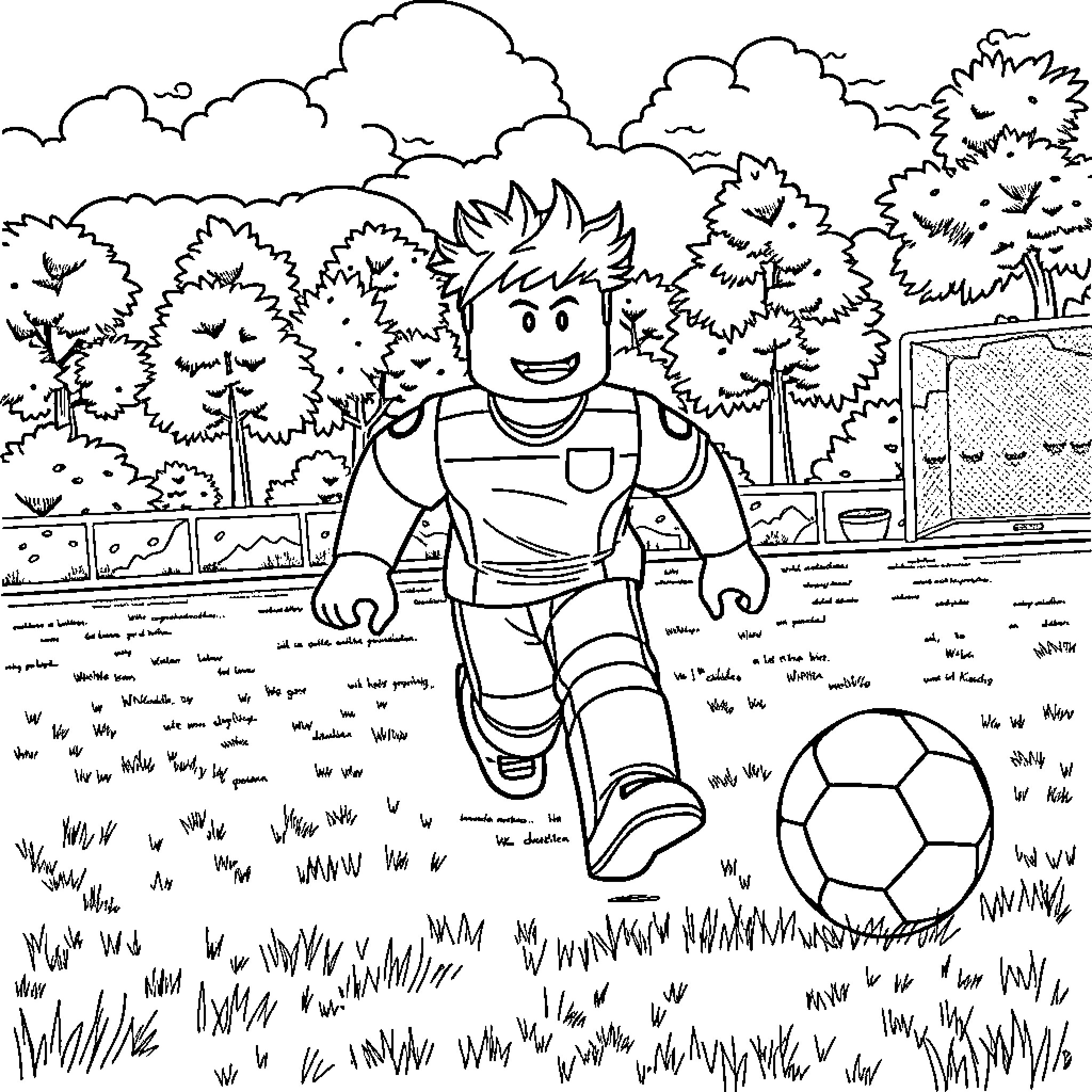 Roblox Character Playing Soccer in the Park Coloring Page (free black-and-white line drawing printable PDF for all, from beginners to advanced learners, including children, teens, adults, and seniors)