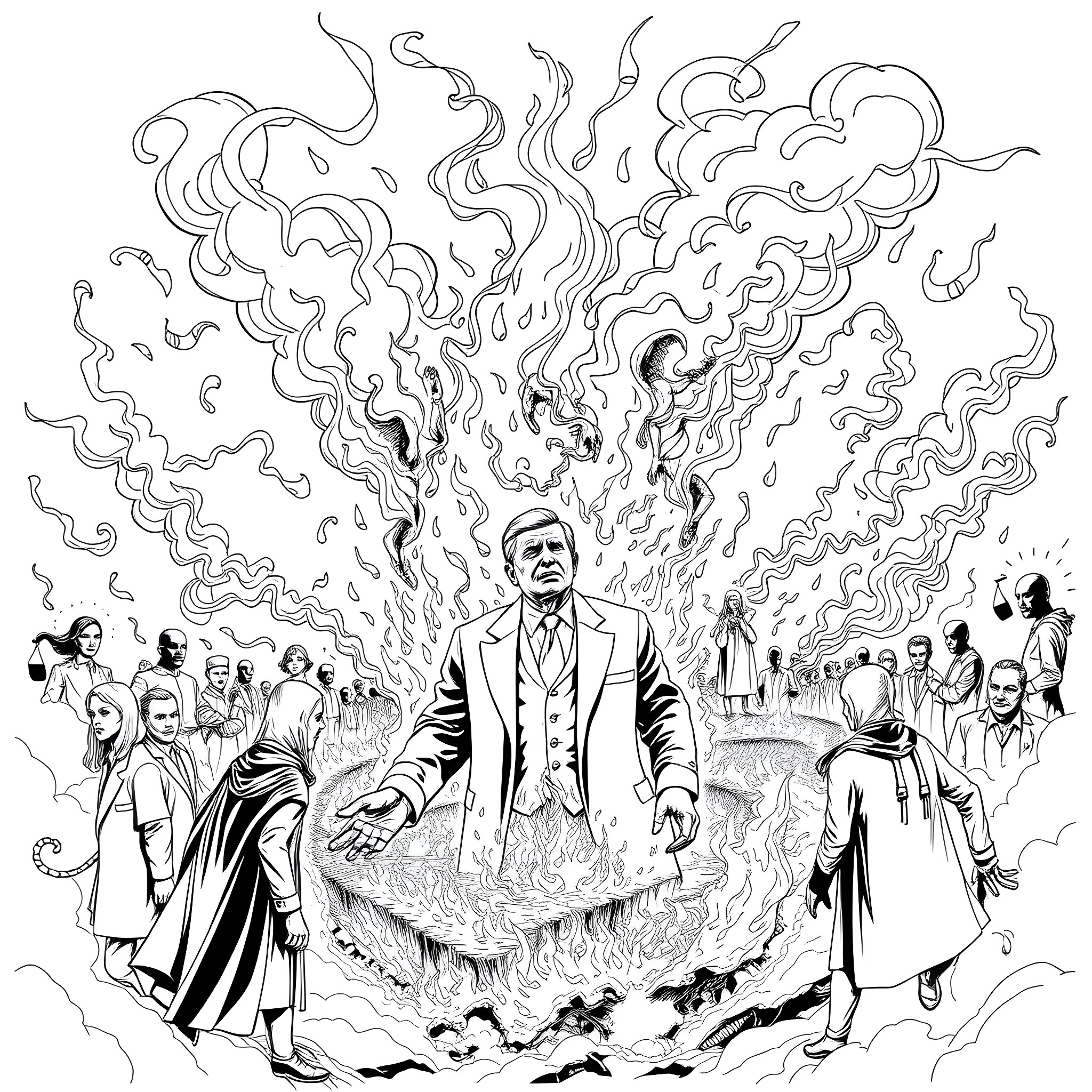Donald Trump rising from the flames of controversy Coloring Page (free black-and-white line drawing printable PDF for all, from beginners to advanced learners, including children, teens, adults, and seniors)