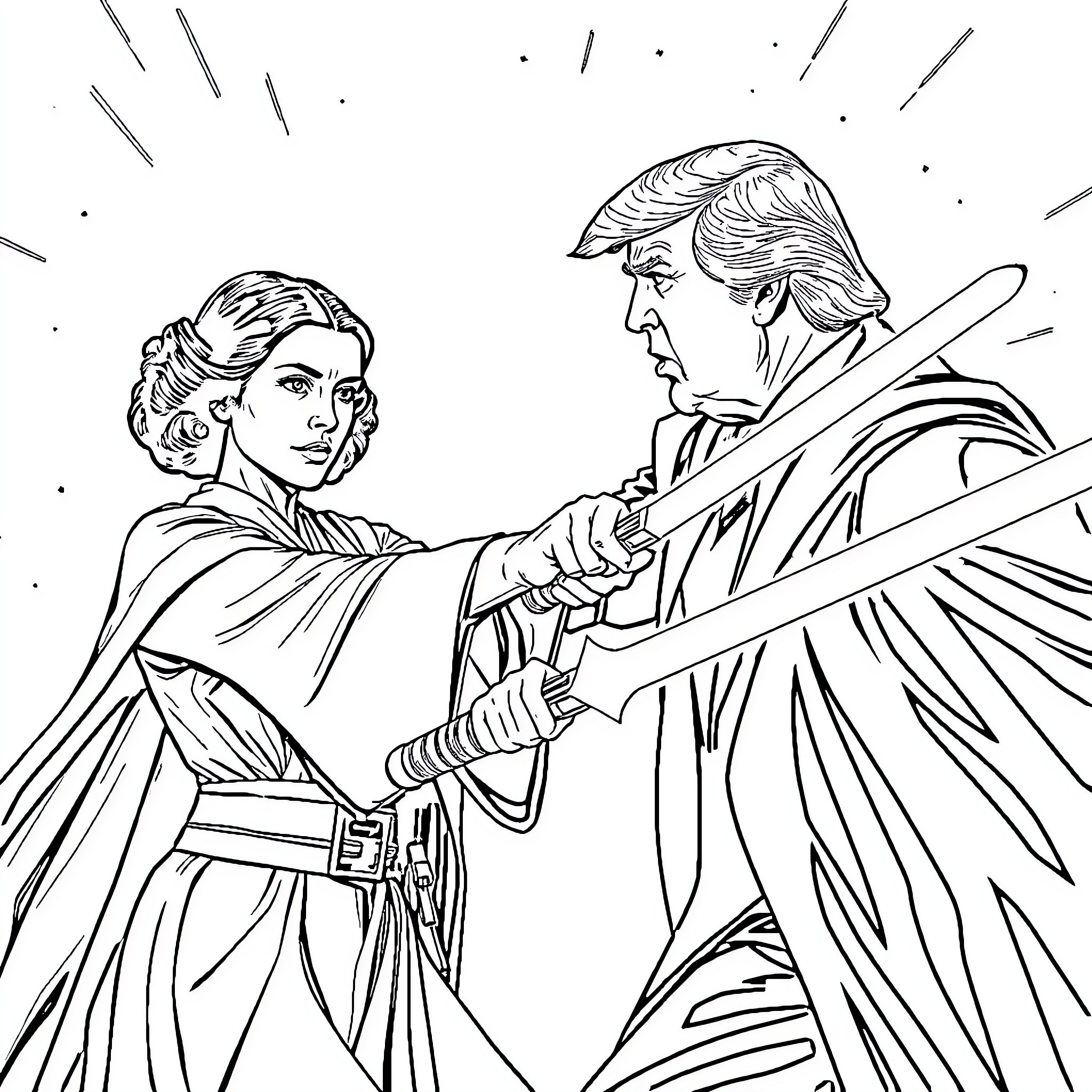 Princess Leia and Darth Vader in epic battle Coloring Page (free black-and-white line drawing printable PDF for all, from beginners to advanced learners, including children, teens, adults, and seniors)