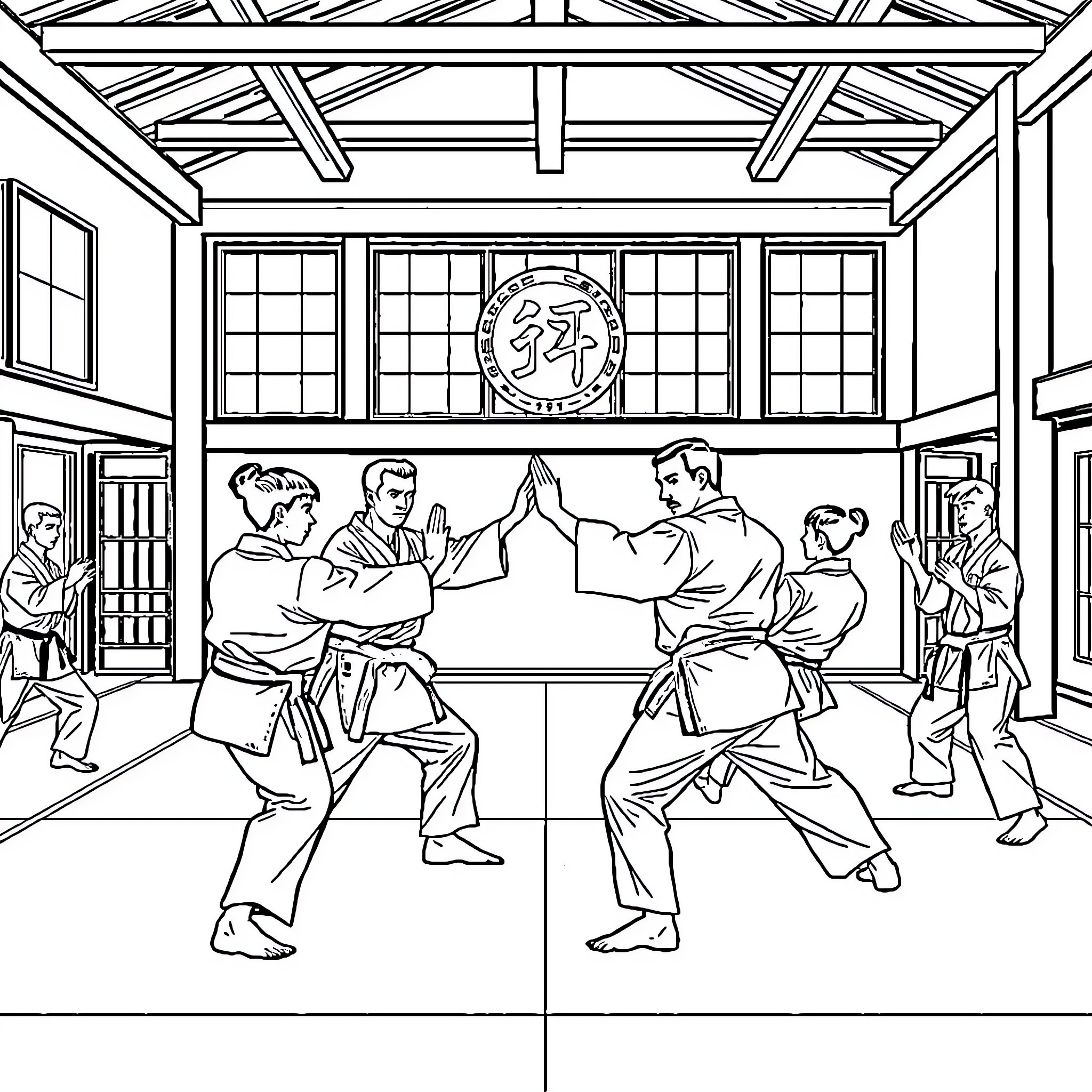 Karate Training in Traditional Dojo Setting Coloring Page (free black-and-white line drawing printable PDF for all, from beginners to advanced learners, including children, teens, adults, and seniors)