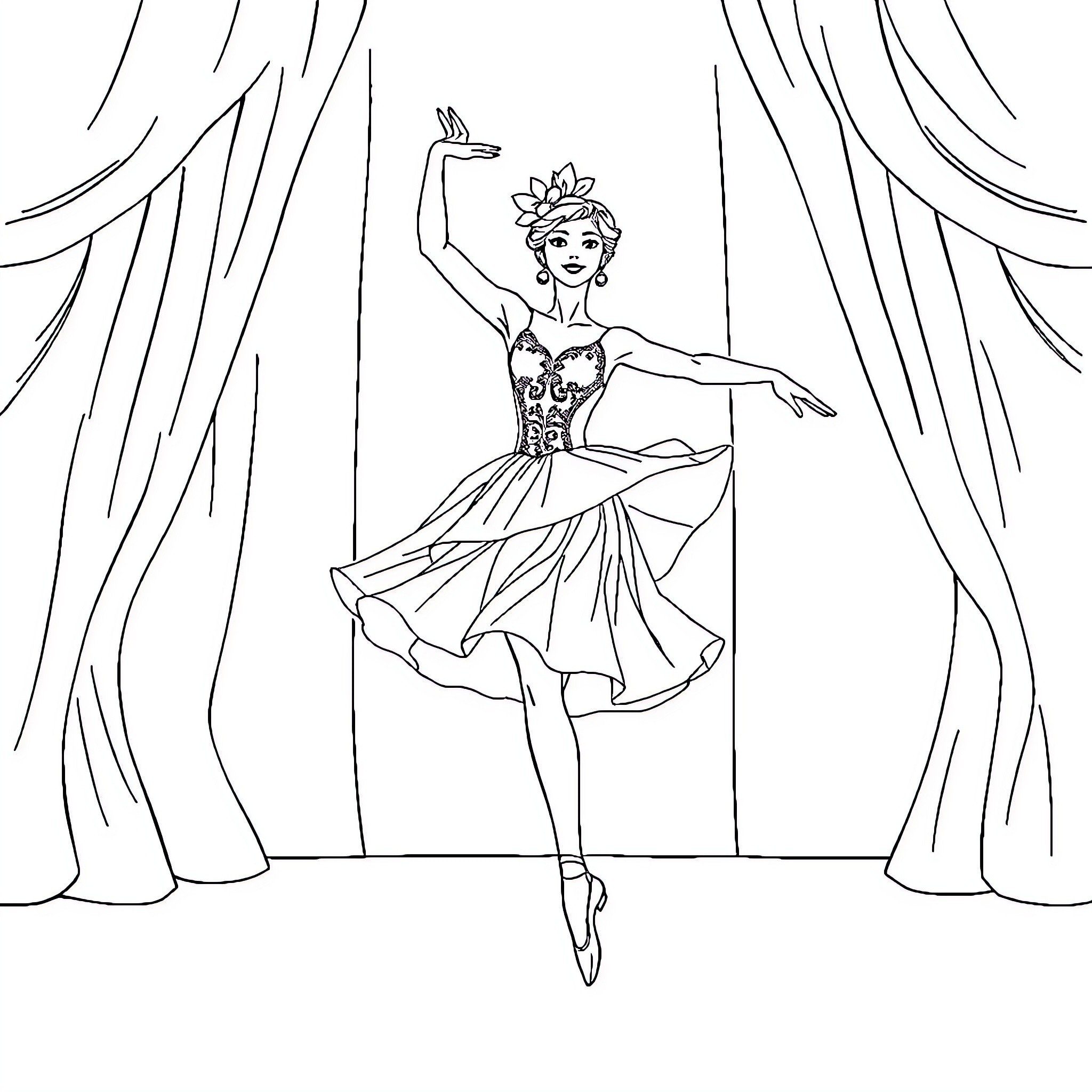 Ballerina gracefully performing on stage Coloring Page (free black-and-white line drawing printable PDF for all, from beginners to advanced learners, including children, teens, adults, and seniors)