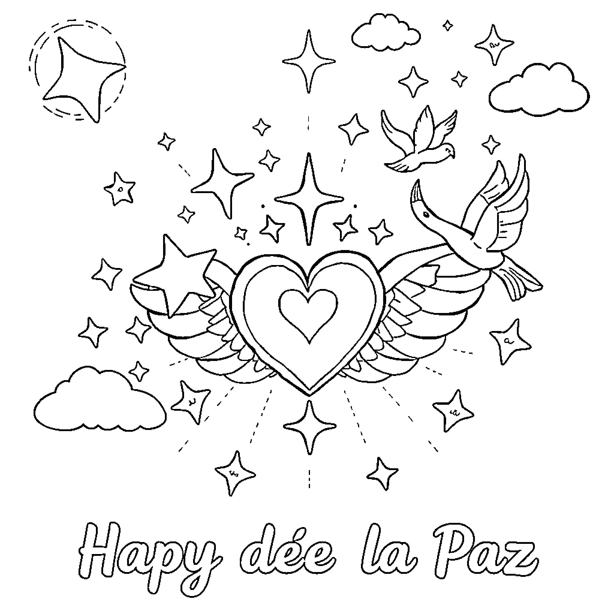 Peace Symbol with Winged Heart and Doves in Starry Sky Coloring Page (free black-and-white line drawing printable PDF for all, from beginners to advanced learners, including children, teens, adults, and seniors)