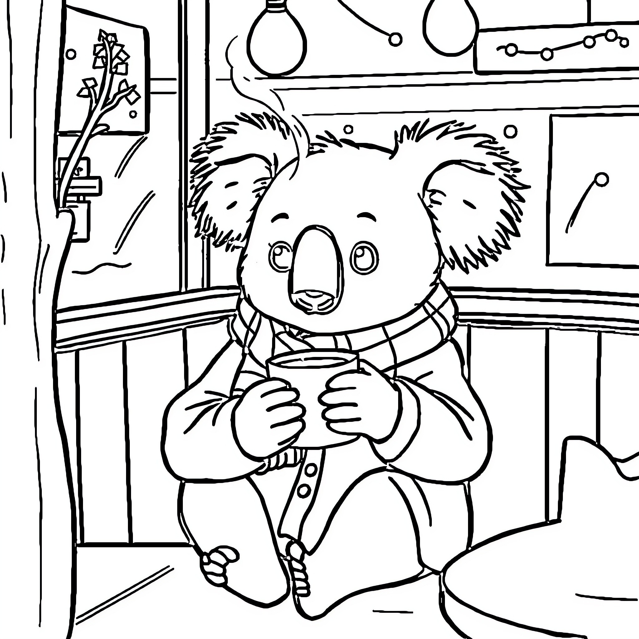 Koala sitting happily in cozy room Coloring Page (free black-and-white line drawing printable PDF for all, from beginners to advanced learners, including children, teens, adults, and seniors)
