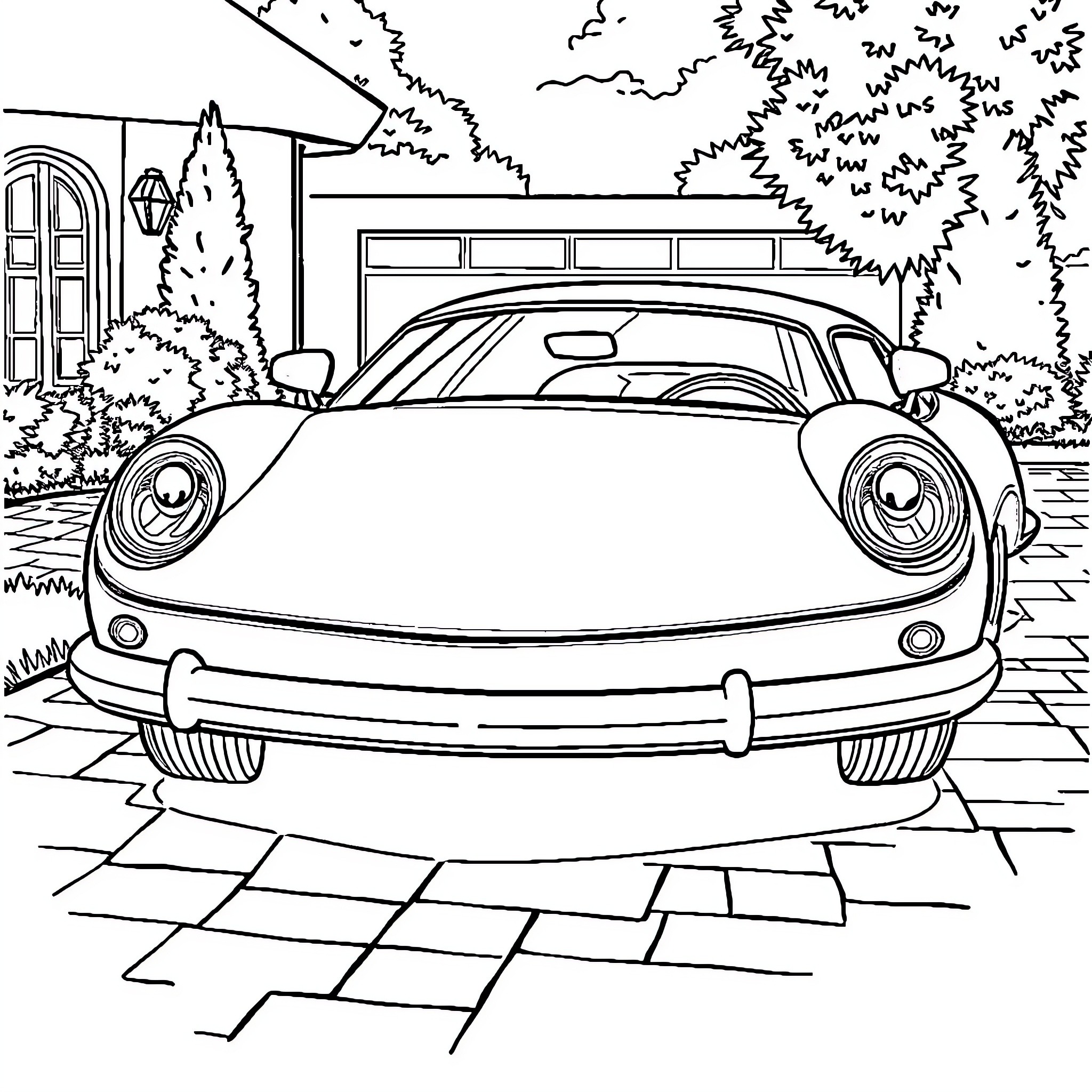 Car parked in front of building Coloring Page (free black-and-white line drawing printable PDF for all, from beginners to advanced learners, including children, teens, adults, and seniors)