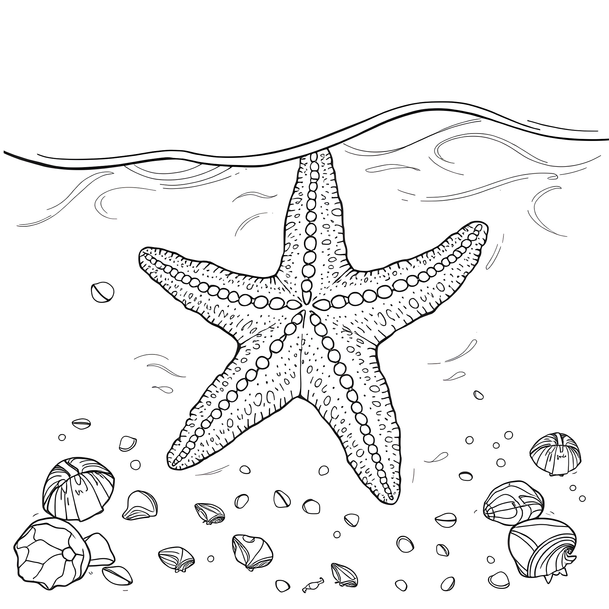 Starfish resting on the seabed with shells Coloring Page (free black-and-white line drawing printable PDF for all, from beginners to advanced learners, including children, teens, adults, and seniors)