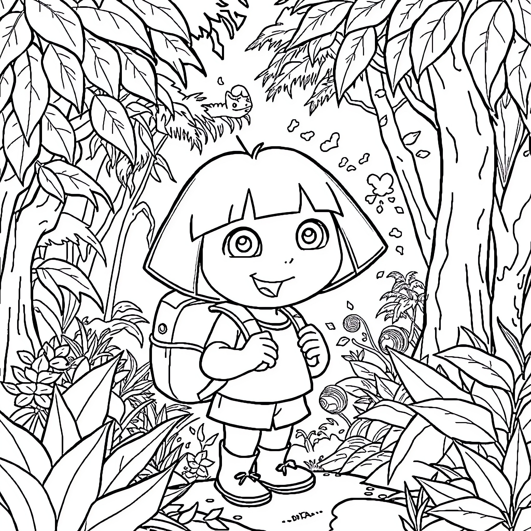Dora explores the enchanting jungle Coloring Page (free black-and-white line drawing printable PDF for all, from beginners to advanced learners, including children, teens, adults, and seniors)