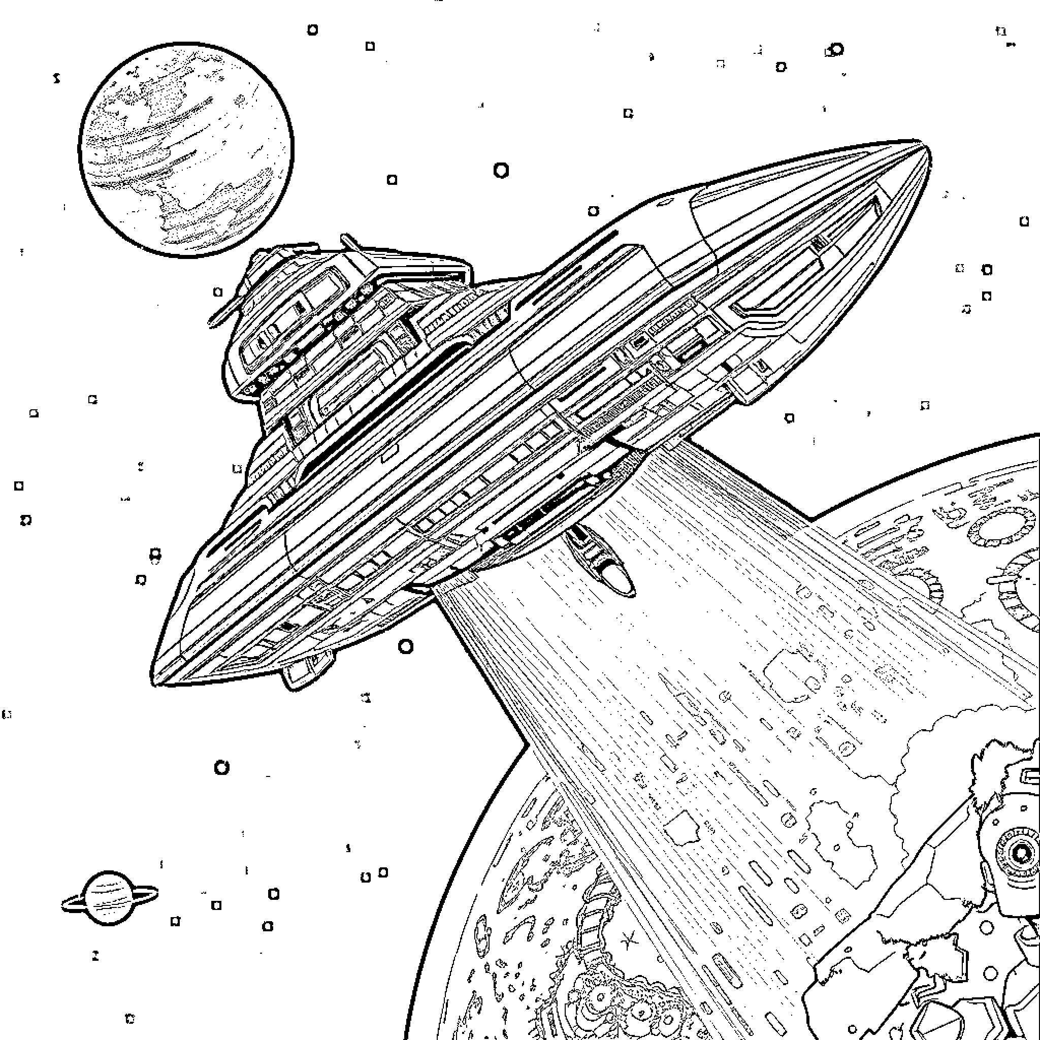 Atlas of Interstellar Exploration: Spacecraft and Celestial Bodies Coloring Page (free black-and-white line drawing printable PDF for all, from beginners to advanced learners, including children, teens, adults, and seniors)