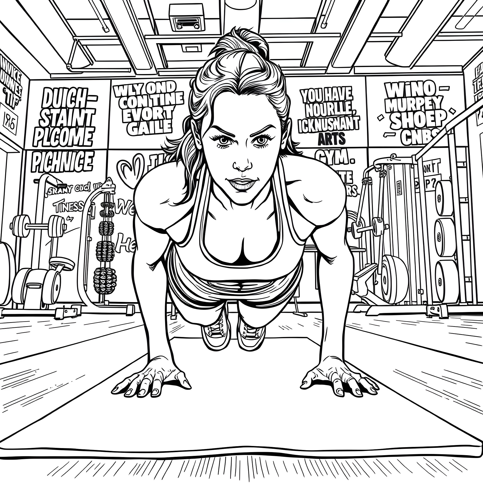Woman exercising vigorously in a fitness studio Coloring Page (free black-and-white line drawing printable PDF for all, from beginners to advanced learners, including children, teens, adults, and seniors)