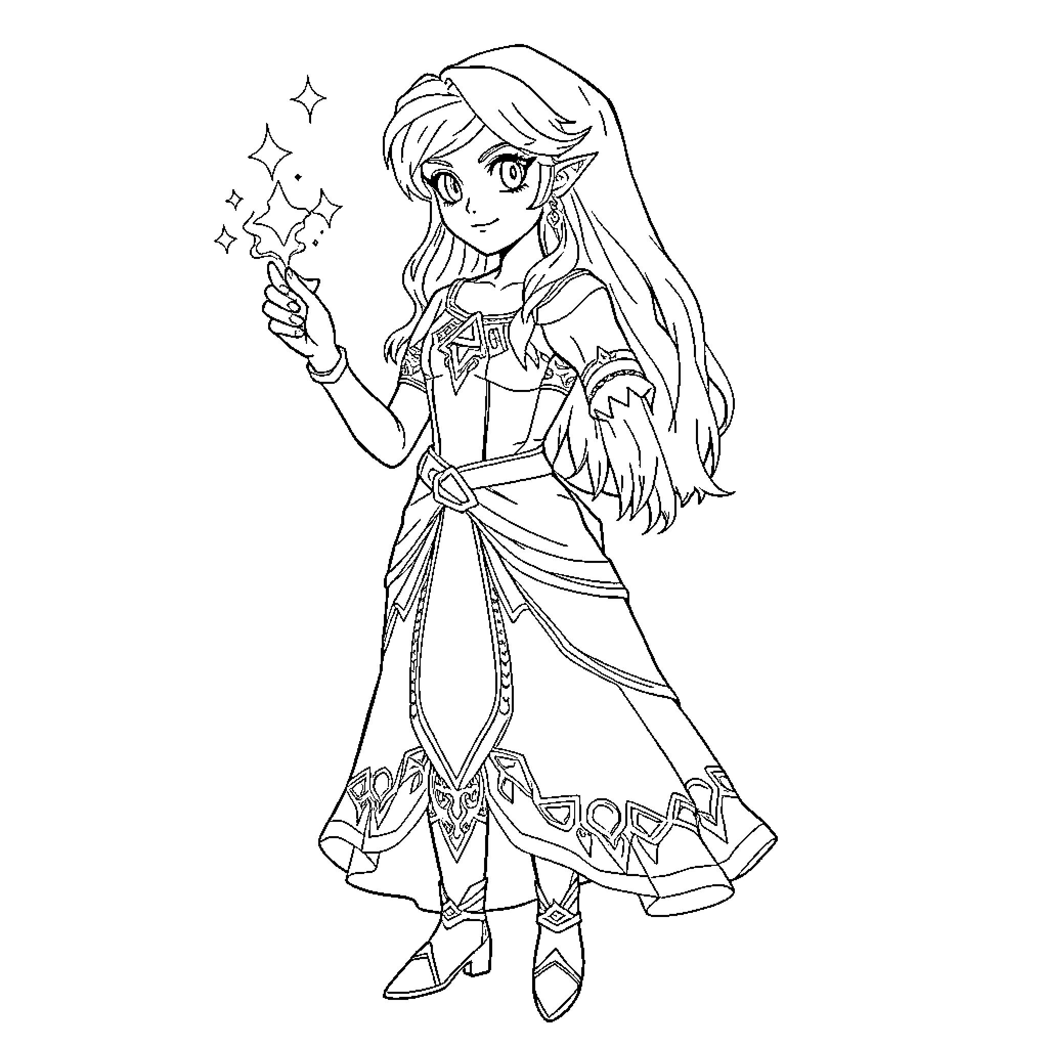 Zelda using magical powers in adventurous outfit Coloring Page (free black-and-white line drawing printable PDF for all, from beginners to advanced learners, including children, teens, adults, and seniors)