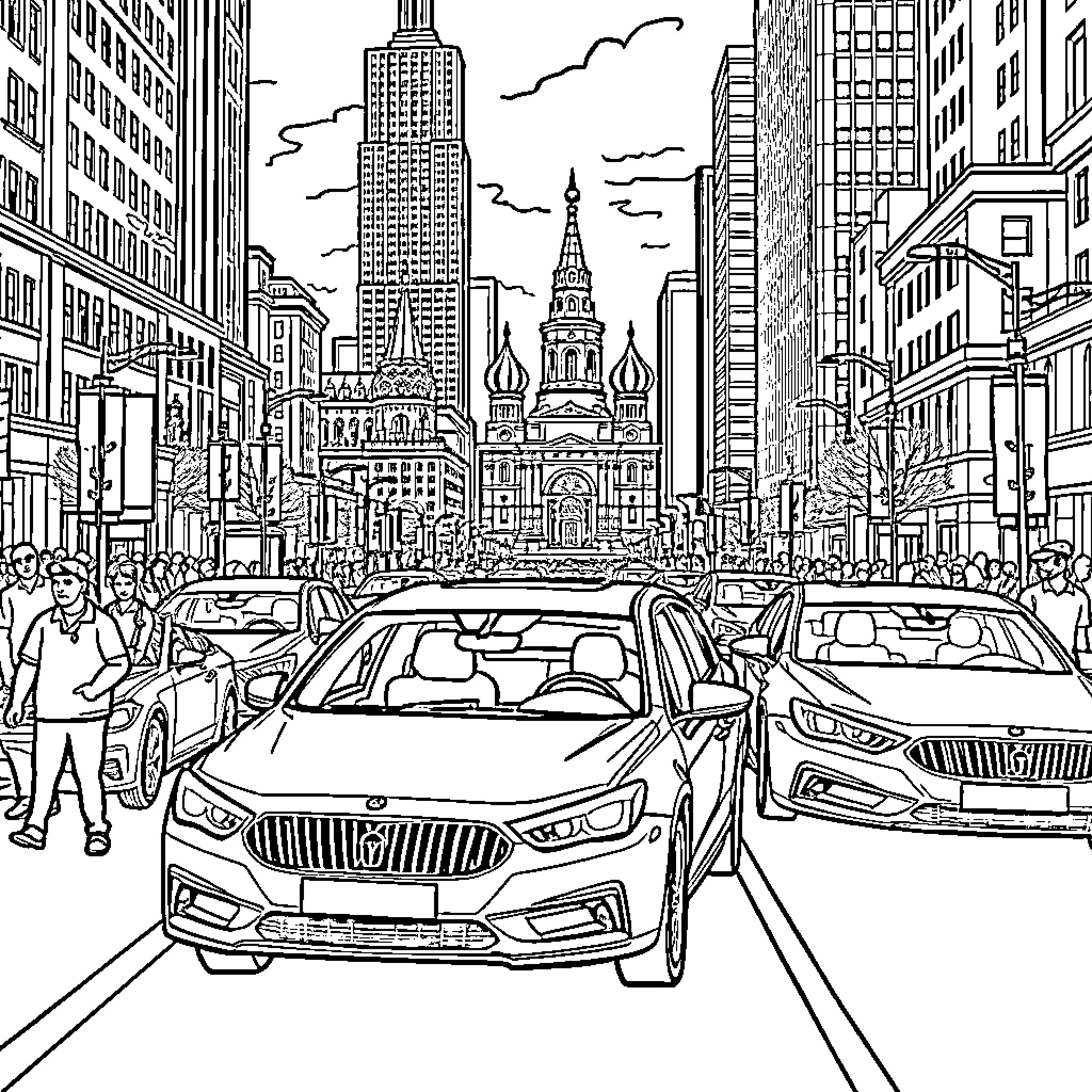 Zeekr vehicles in the busy city streets Coloring Page (free black-and-white line drawing printable PDF for all, from beginners to advanced learners, including children, teens, adults, and seniors)