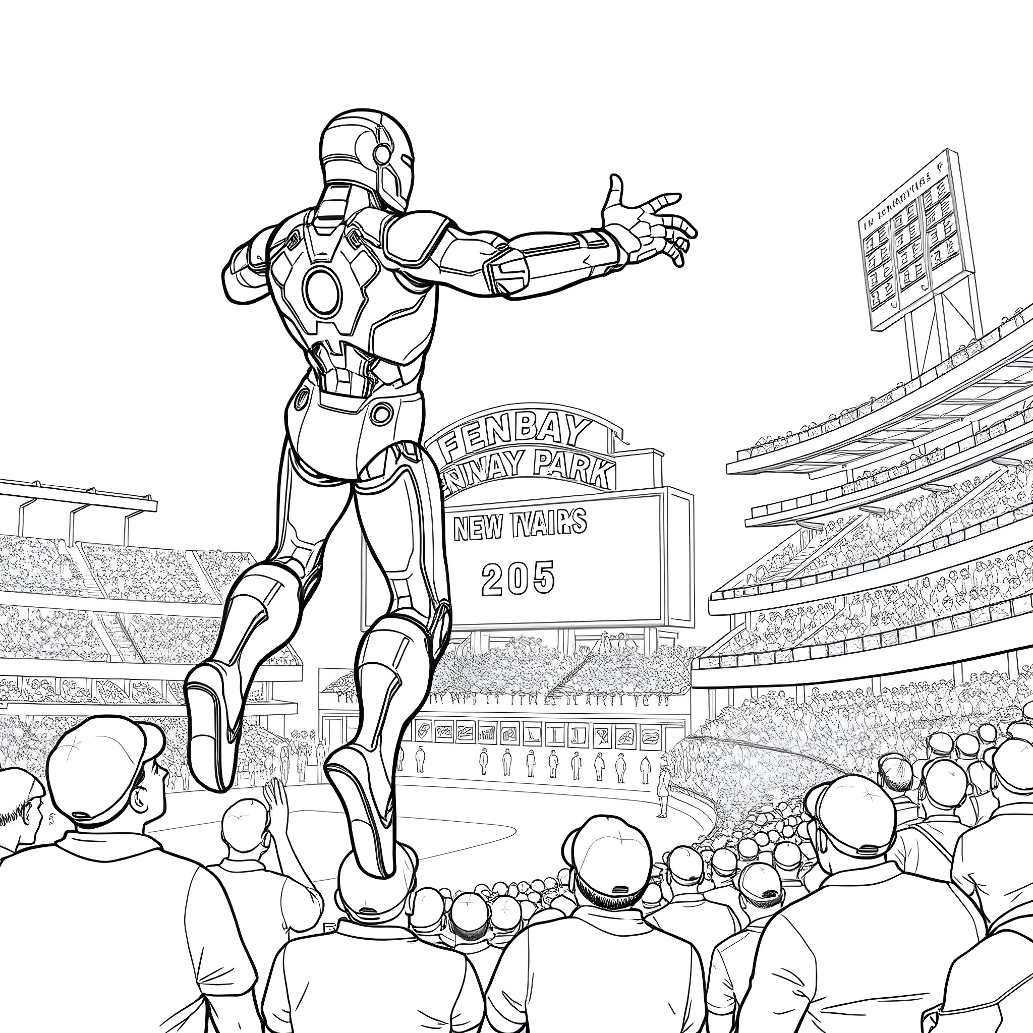 Ironman stands heroically in a crowded stadium Coloring Page (free black-and-white line drawing printable PDF for all, from beginners to advanced learners, including children, teens, adults, and seniors)