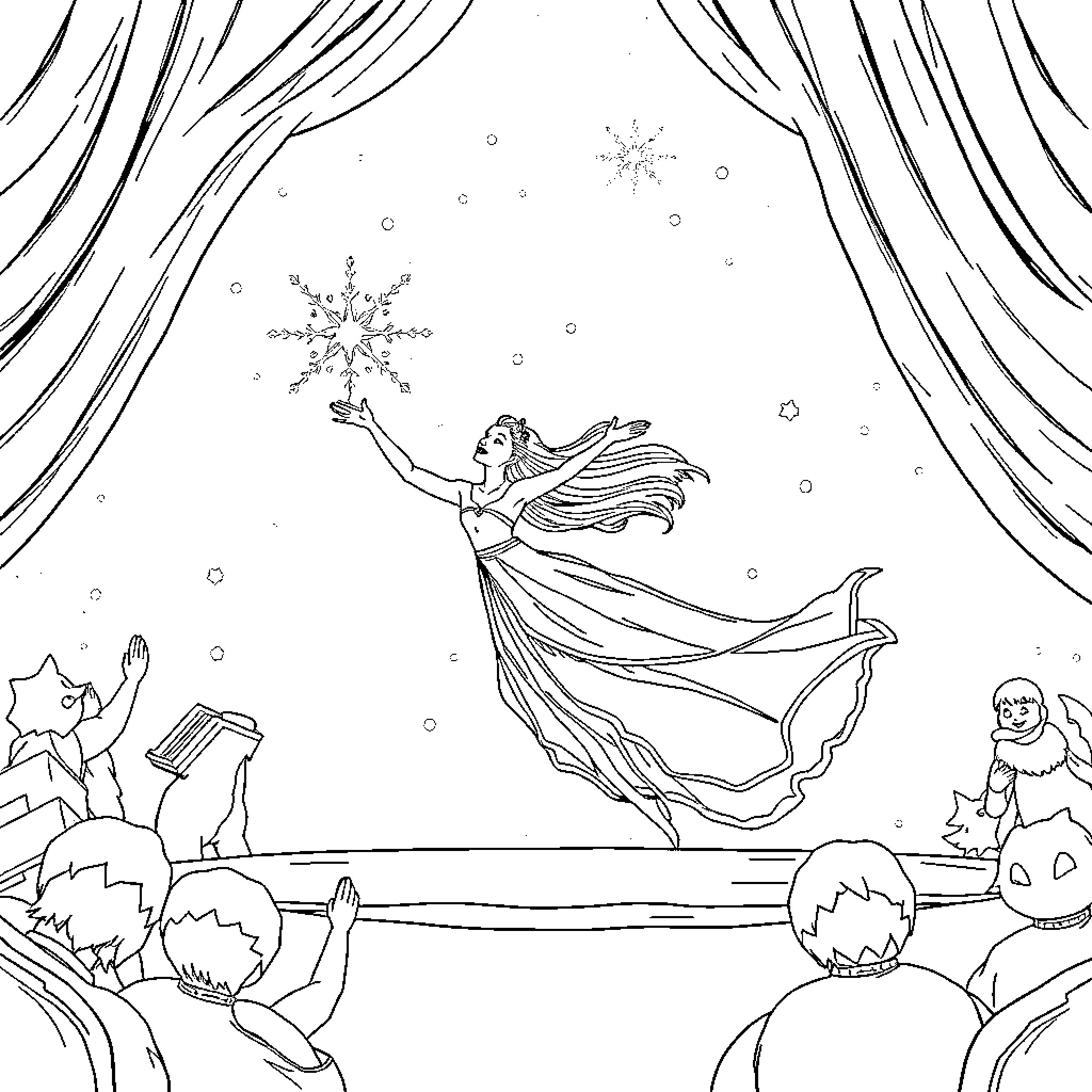 Queen conjures winter magic on stage Coloring Page (free black-and-white line drawing printable PDF for all, from beginners to advanced learners, including children, teens, adults, and seniors)