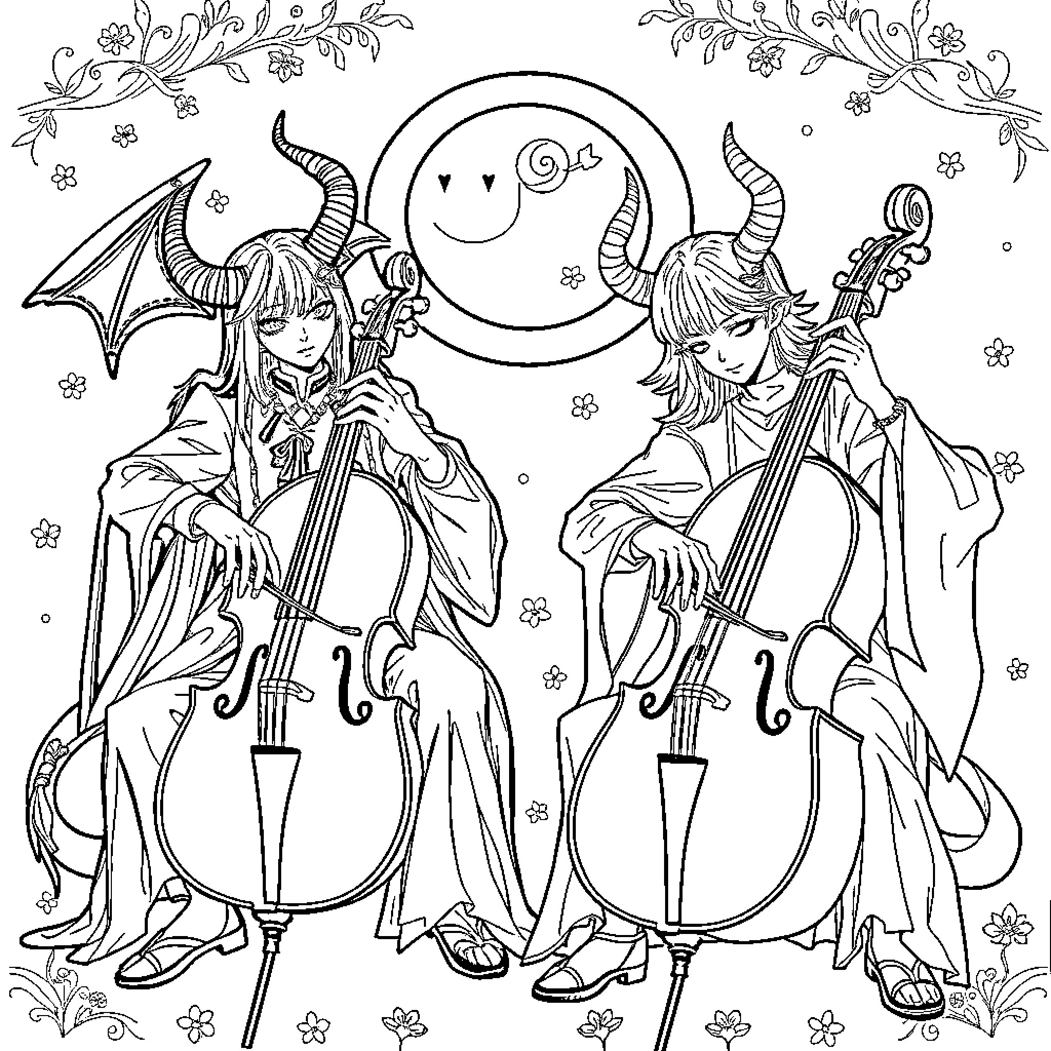 Demon Hunters performing on stage with musical instruments Coloring Page (free black-and-white line drawing printable PDF for all, from beginners to advanced learners, including children, teens, adults, and seniors)