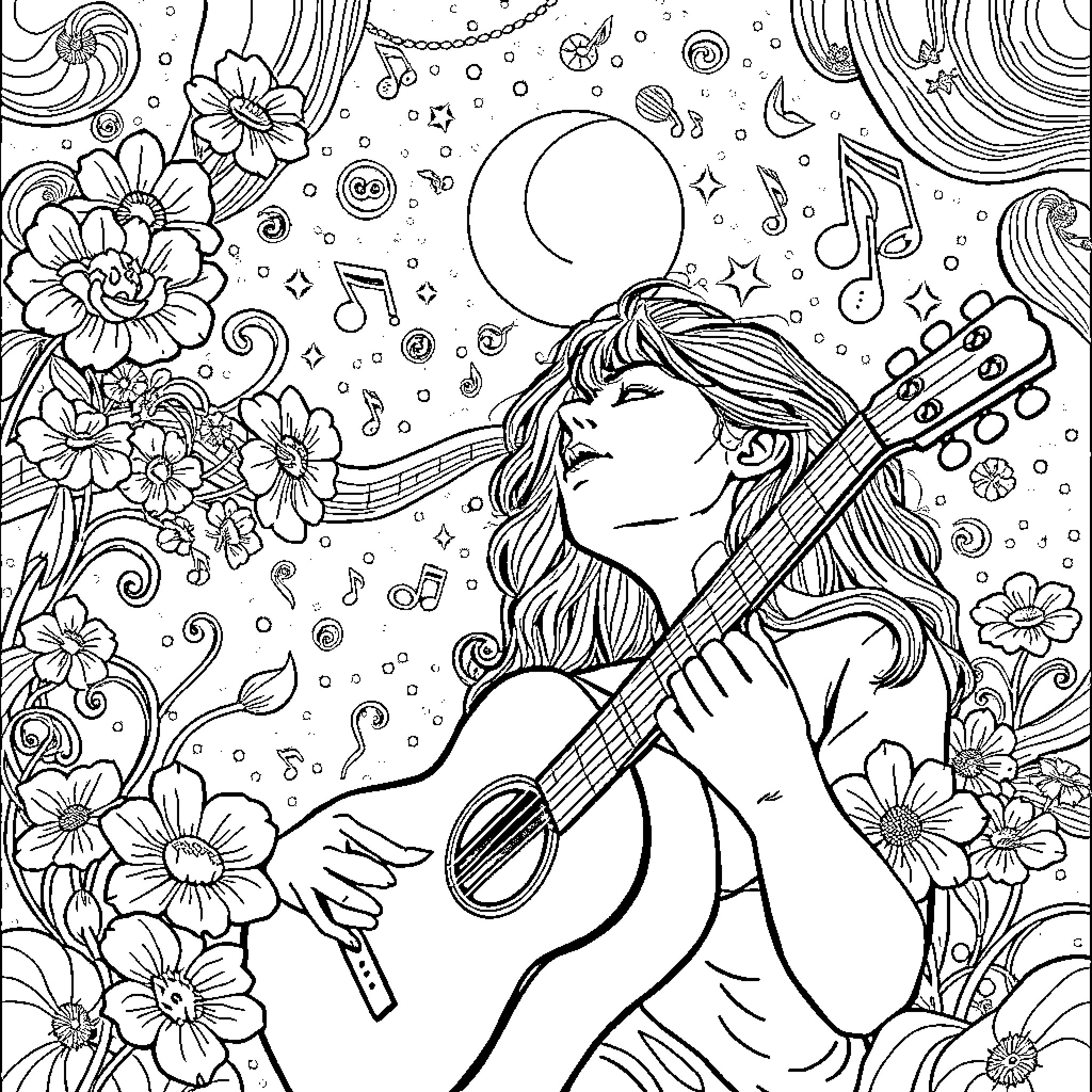 Music and Floral Fantasy Coloring Page (free black-and-white line drawing printable PDF for all, from beginners to advanced learners, including children, teens, adults, and seniors)
