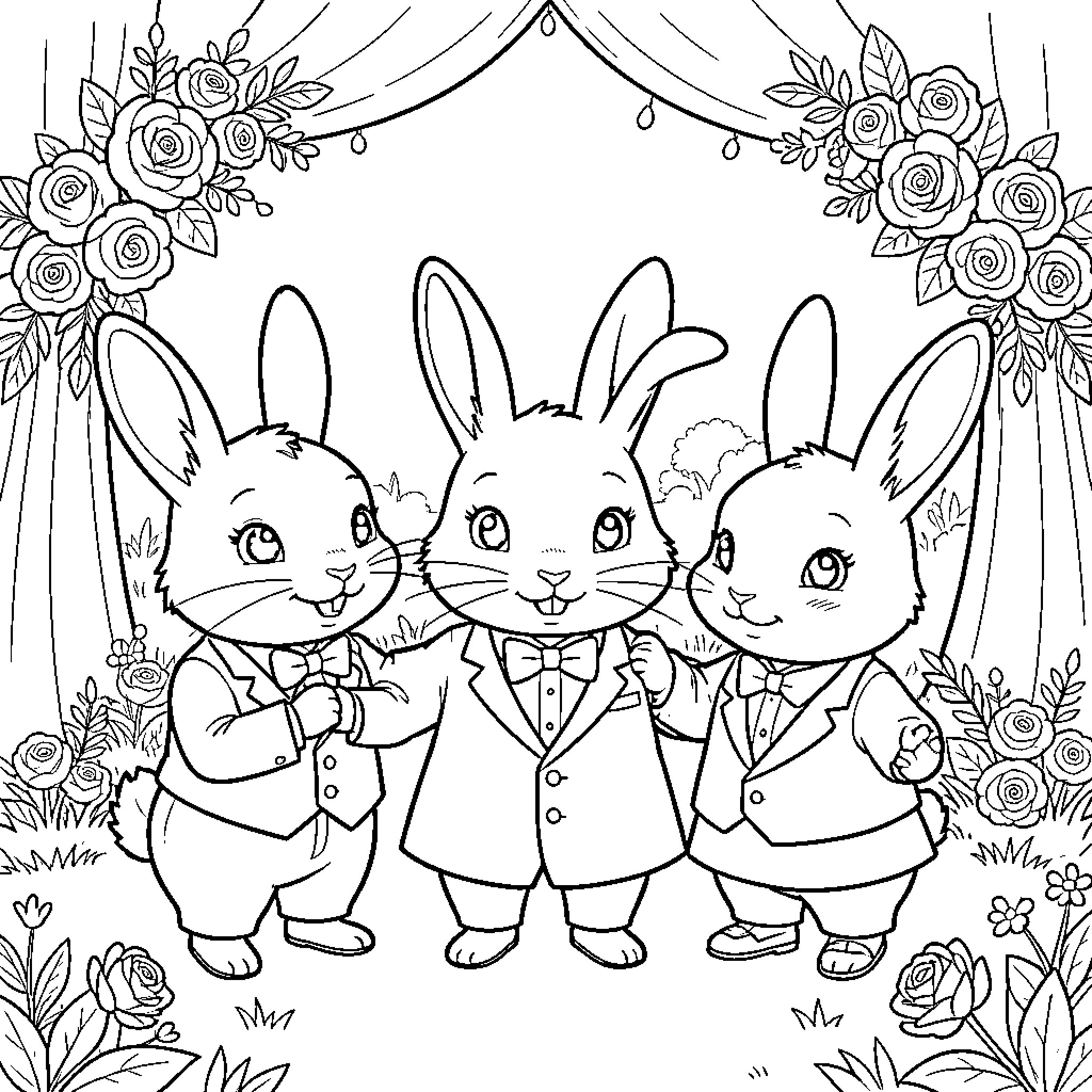 Rabbit Gentlemen Dressed Formally in a Floral Setting Coloring Page (free black-and-white line drawing printable PDF for all, from beginners to advanced learners, including children, teens, adults, and seniors)
