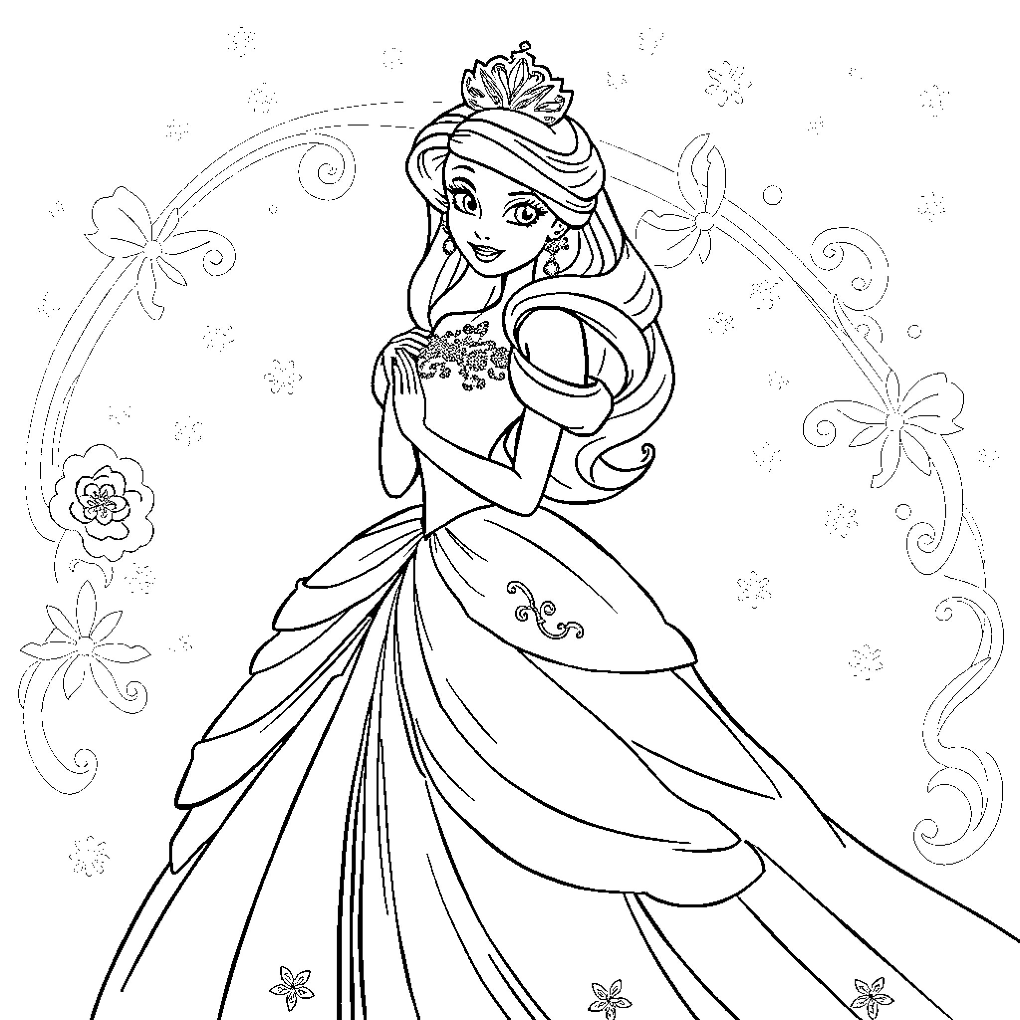Princess in Elegant Gown with Floral Adornments Coloring Page (free black-and-white line drawing printable PDF for all, from beginners to advanced learners, including children, teens, adults, and seniors)