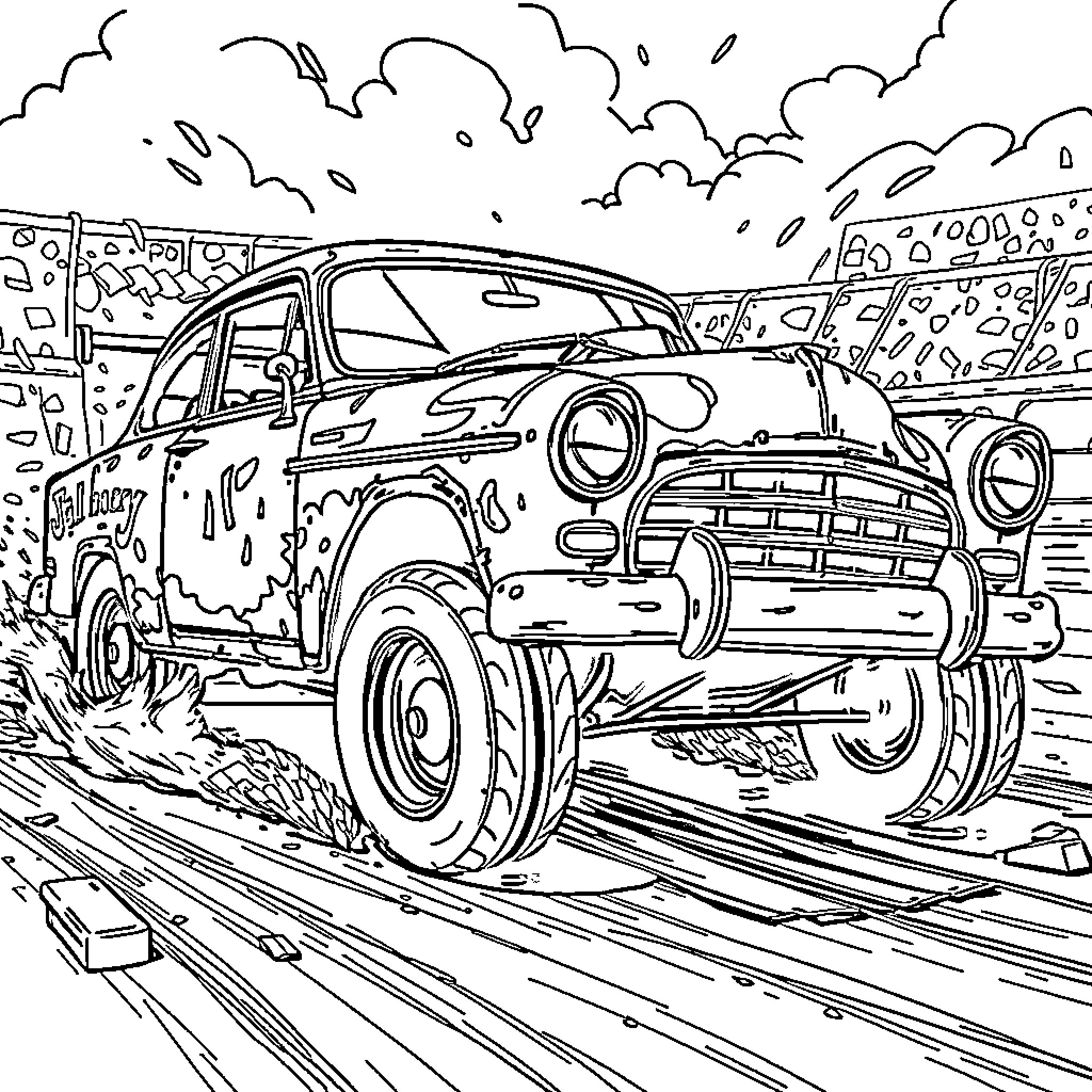 Demolition Derby Car in Chaotic Environment Coloring Page (free black-and-white line drawing printable PDF for all, from beginners to advanced learners, including children, teens, adults, and seniors)