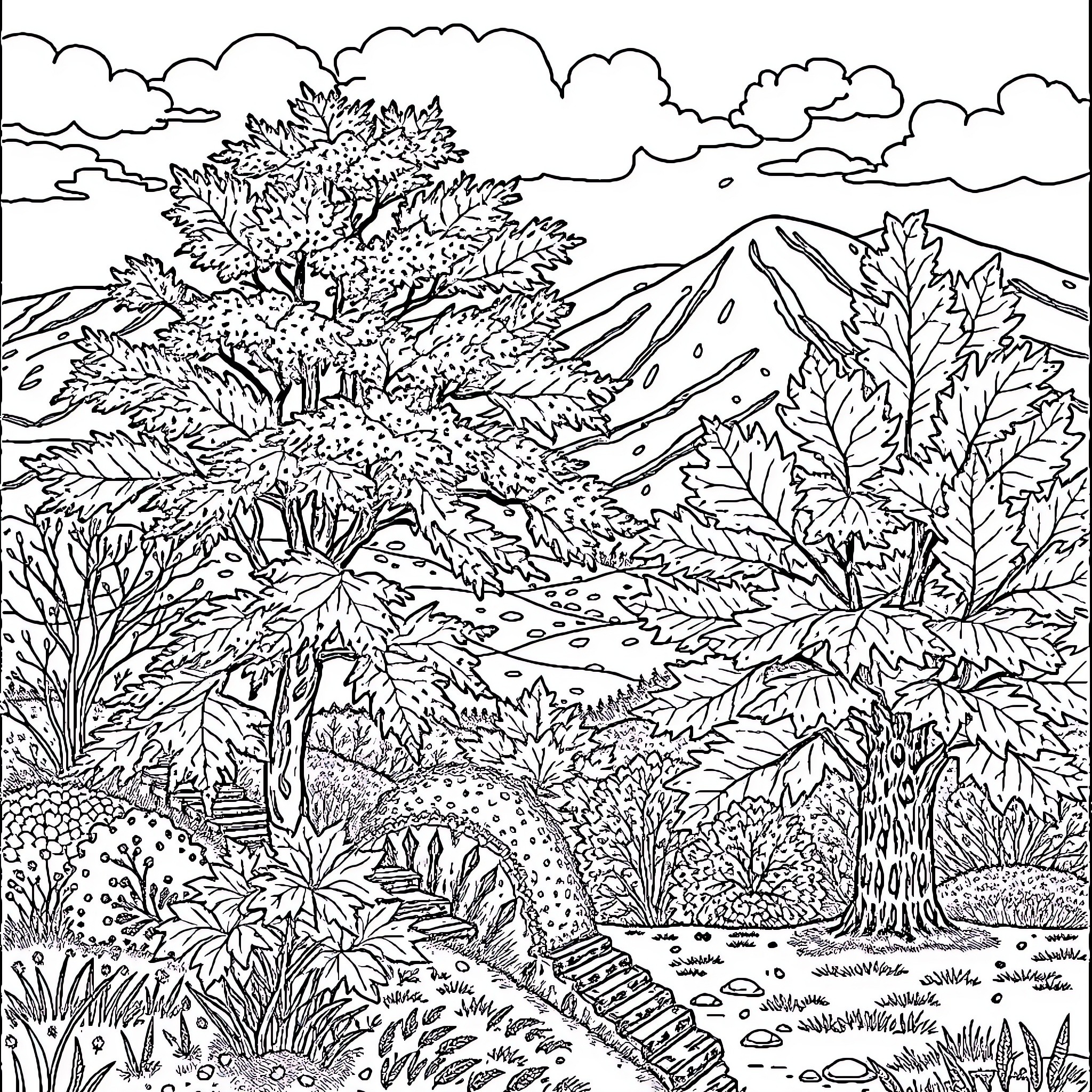 Autumn Landscape with Mountainous Terrain Coloring Page (free black-and-white line drawing printable PDF for all, from beginners to advanced learners, including children, teens, adults, and seniors)