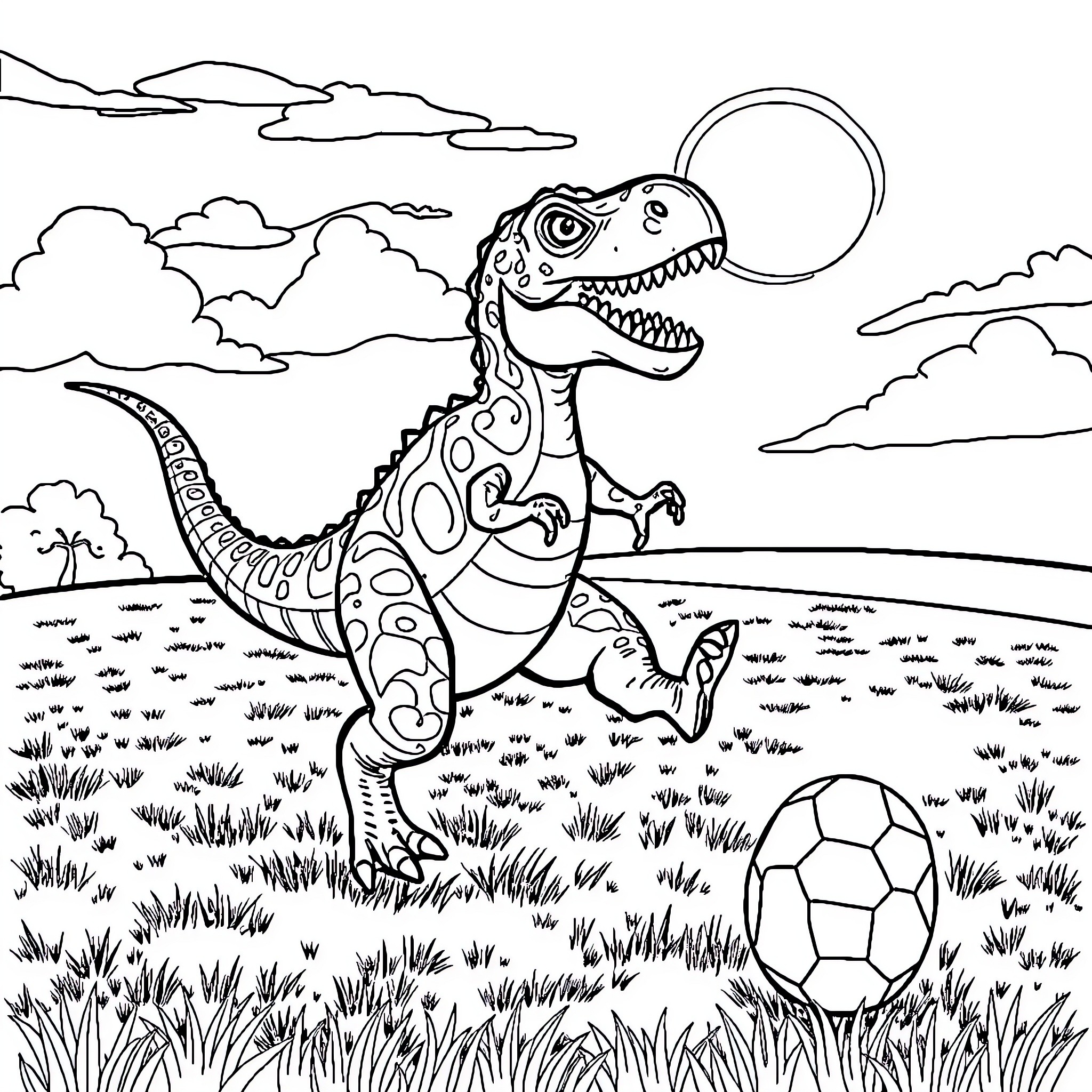 Dinosaur playing with soccer ball in the field Coloring Page (free black-and-white line drawing printable PDF for all, from beginners to advanced learners, including children, teens, adults, and seniors)