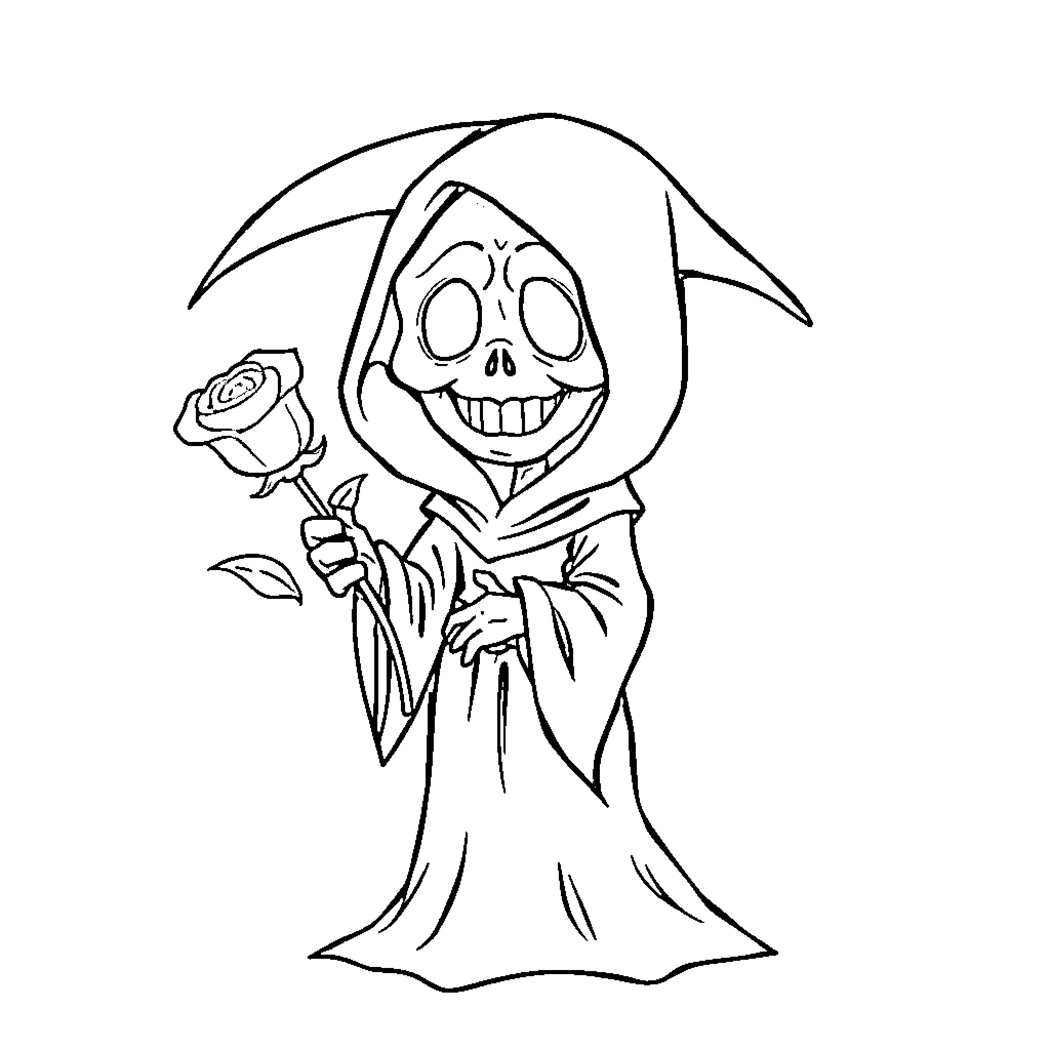 Grim Reaper holding a rose with a smile Coloring Page (free black-and-white line drawing printable PDF for all, from beginners to advanced learners, including children, teens, adults, and seniors)