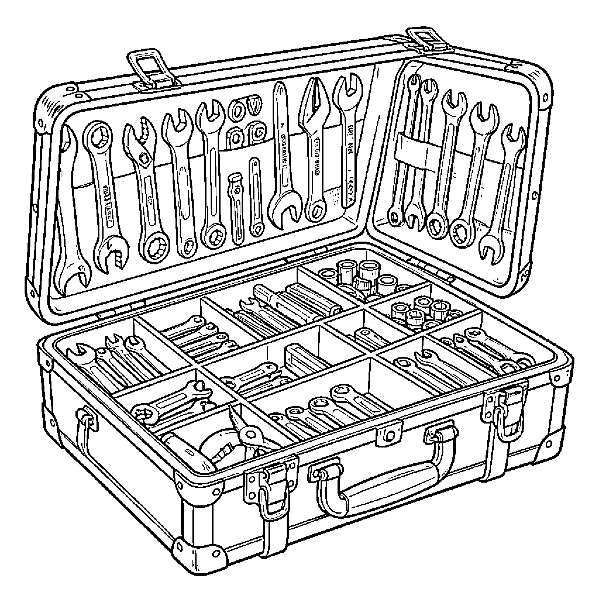 Tool Box filled with various hand tools Coloring Page (free black-and-white line drawing printable PDF for all, from beginners to advanced learners, including children, teens, adults, and seniors)