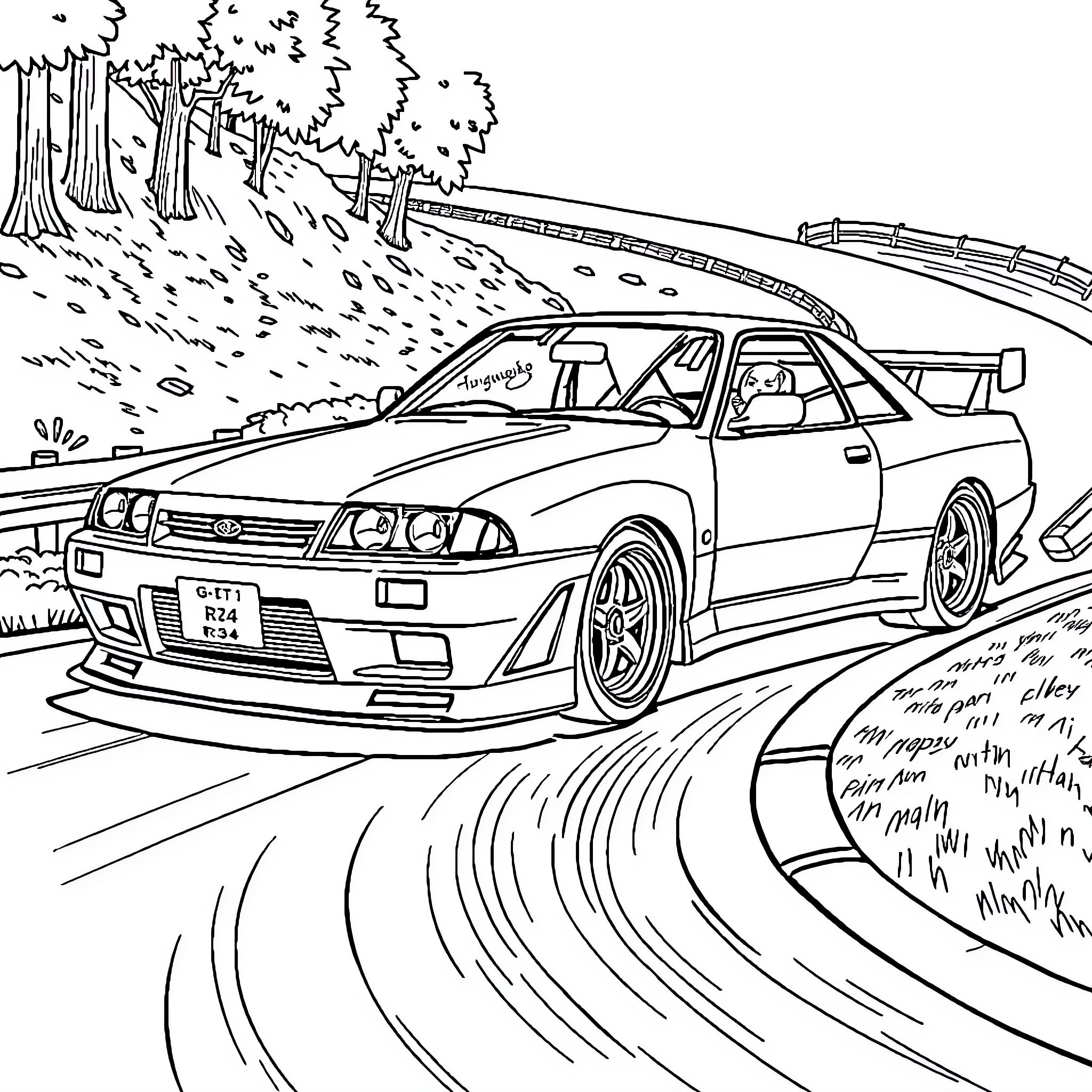 Skyline of a speeding race car on a winding mountain road Coloring Page (free black-and-white line drawing printable PDF for all, from beginners to advanced learners, including children, teens, adults, and seniors)