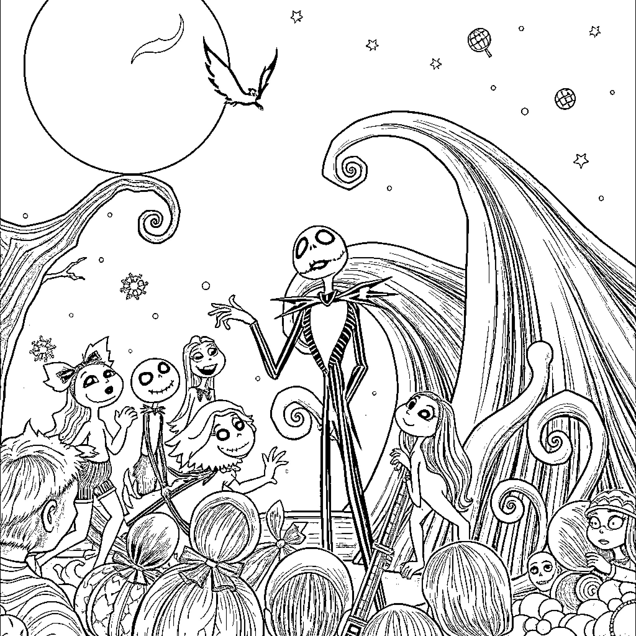 Nightmare Before Christmas: Eerie Characters in Enchanting Scenery Coloring Page (free black-and-white line drawing printable PDF for all, from beginners to advanced learners, including children, teens, adults, and seniors)