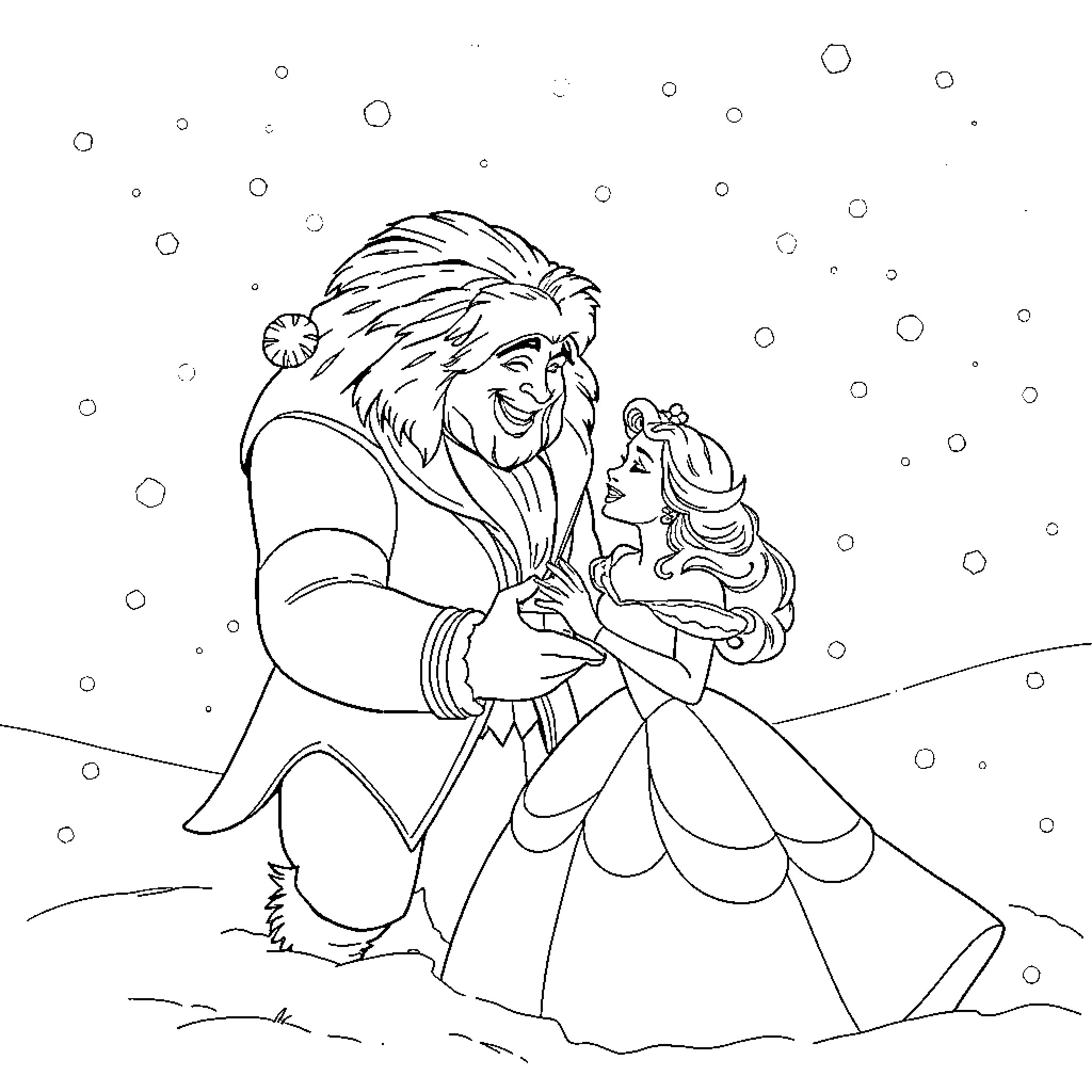 Beauty And The Beast Dancing In The Snow Coloring Page (free black-and-white line drawing printable PDF for all, from beginners to advanced learners, including children, teens, adults, and seniors)