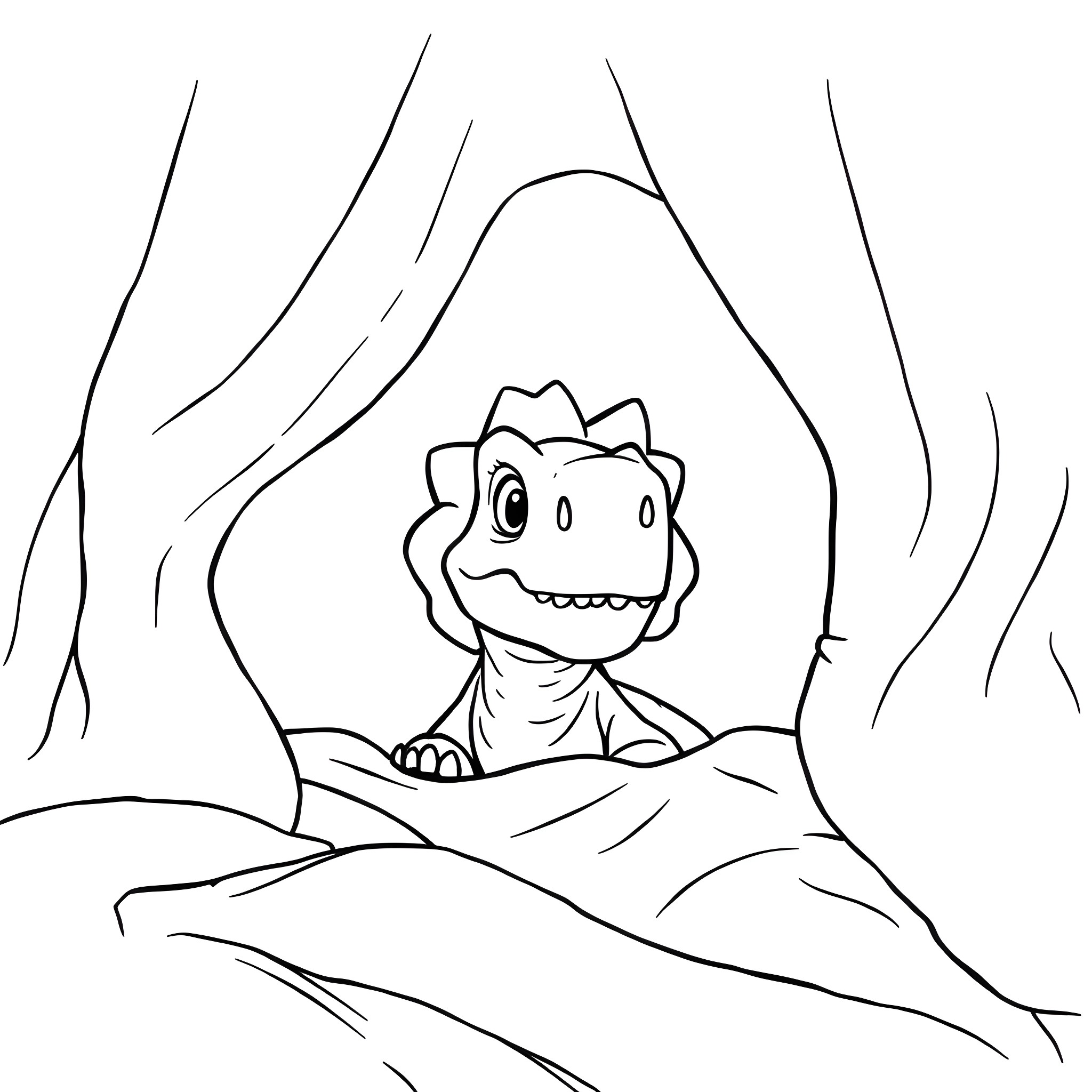 Dinosaur emerging from a cave Coloring Page (free black-and-white line drawing printable PDF for all, from beginners to advanced learners, including children, teens, adults, and seniors)