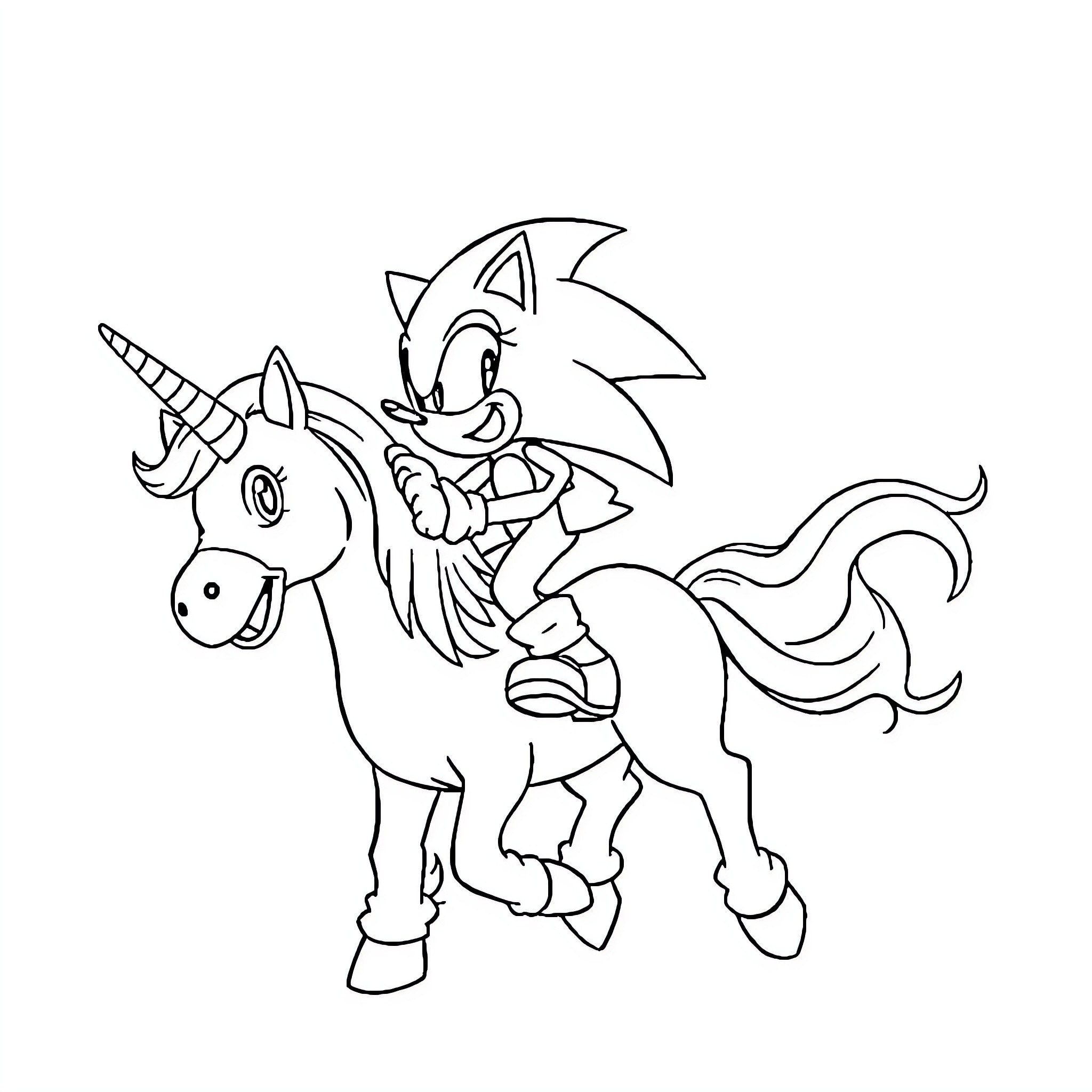 Sonic riding a magical unicorn Coloring Page (free black-and-white line drawing printable PDF for all, from beginners to advanced learners, including children, teens, adults, and seniors)