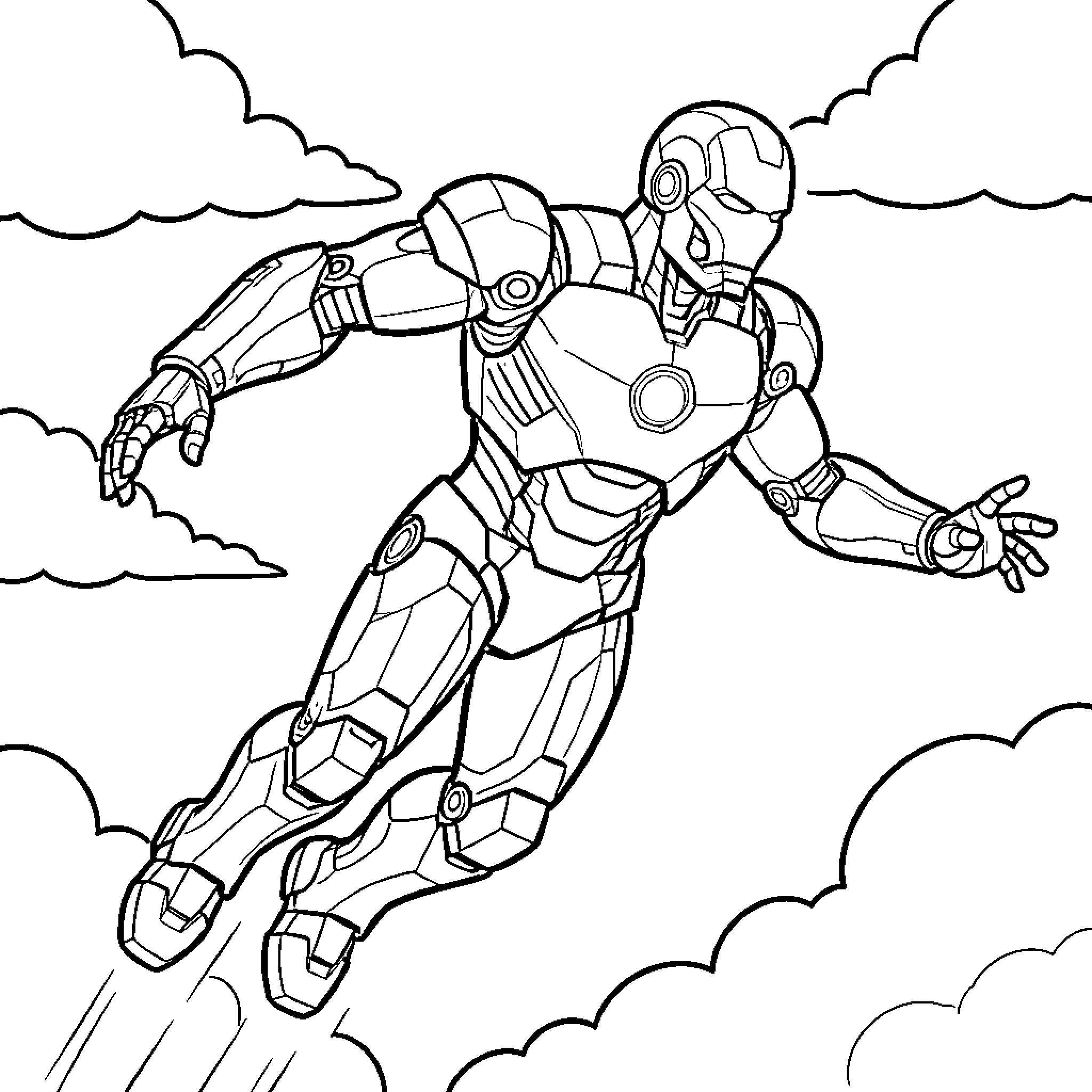 Ironman flying heroically through the clouds Coloring Page (free black-and-white line drawing printable PDF for all, from beginners to advanced learners, including children, teens, adults, and seniors)