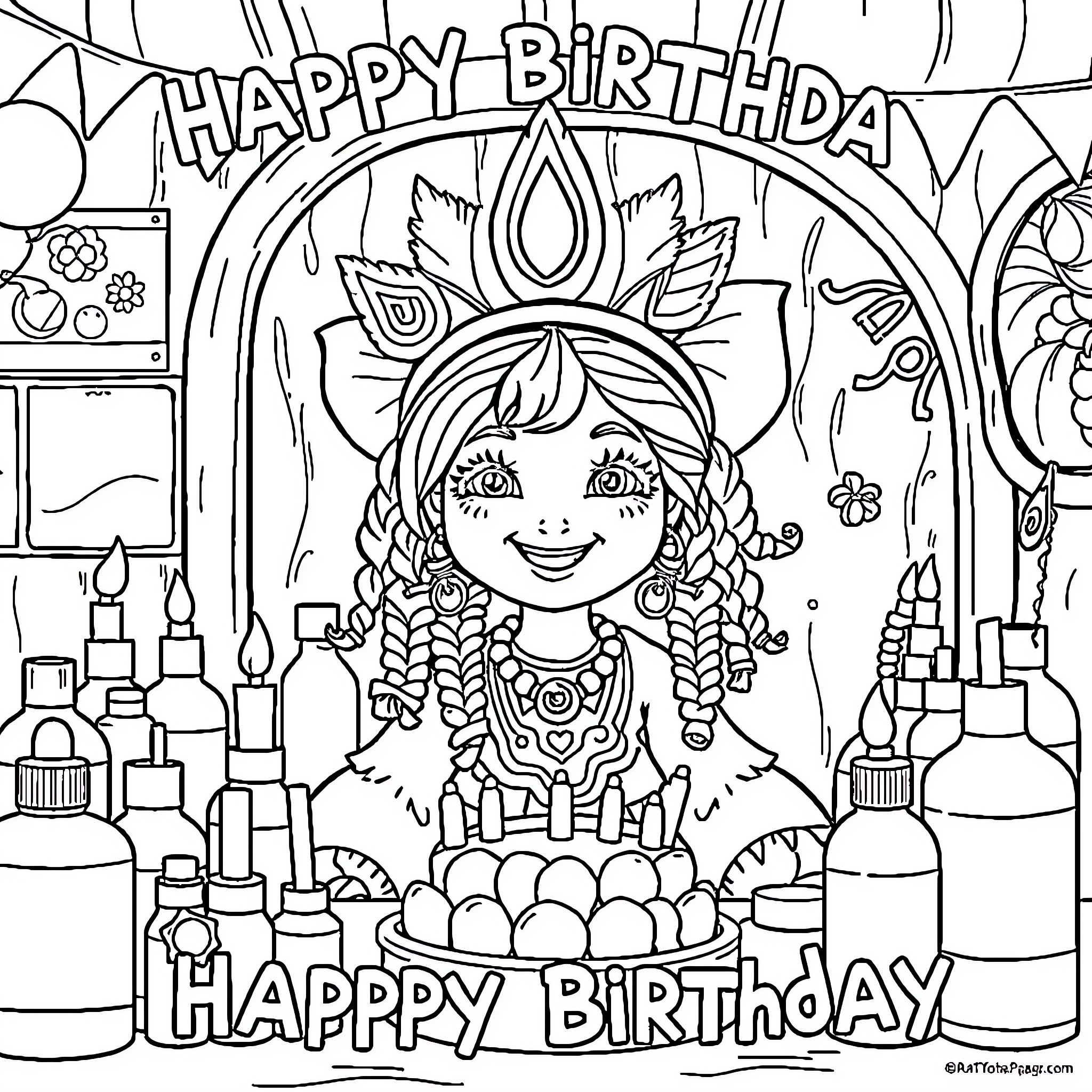 BRAT Doll having a Happy Birthday celebration Coloring Page (free black-and-white line drawing printable PDF for all, from beginners to advanced learners, including children, teens, adults, and seniors)