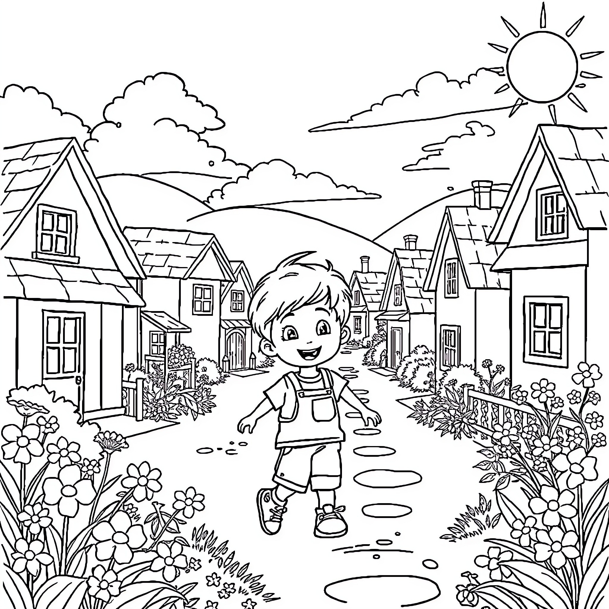 Boy exploring a cheerful village scene Coloring Page (free black-and-white line drawing printable PDF for all, from beginners to advanced learners, including children, teens, adults, and seniors)