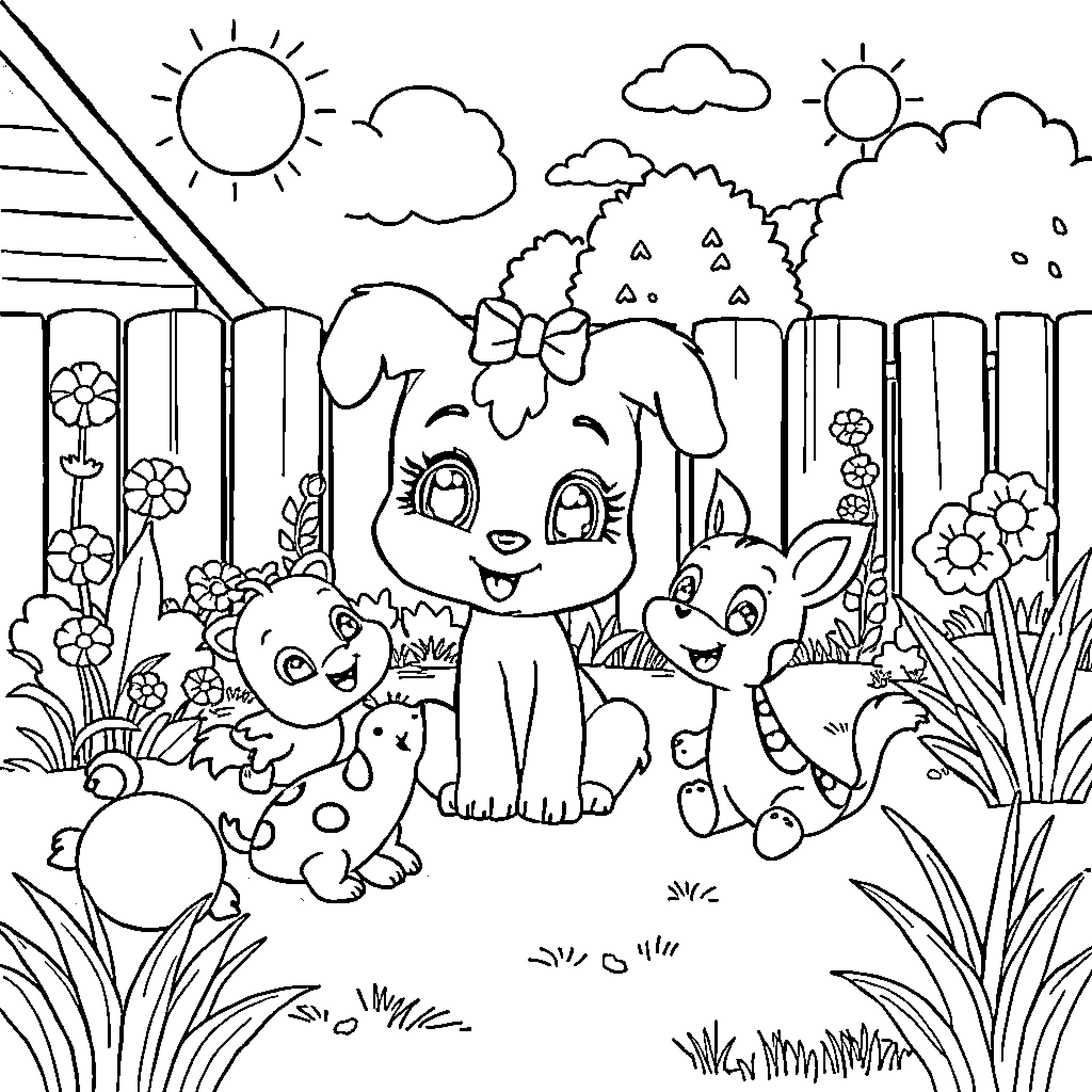 Bluey and Friends Enjoying Nature Together Coloring Page (free black-and-white line drawing printable PDF for all, from beginners to advanced learners, including children, teens, adults, and seniors)