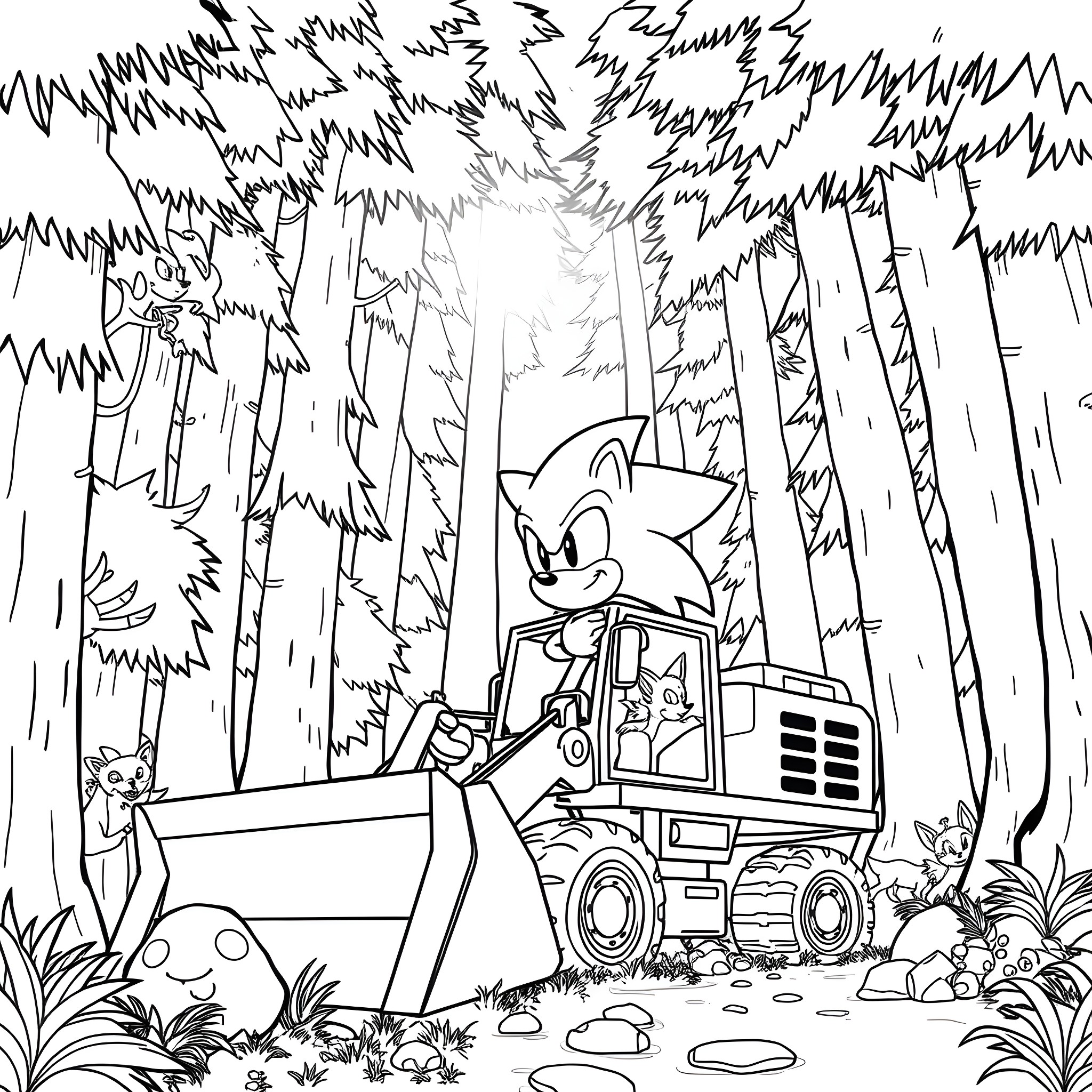 Sonic driving a bulldozer through the forest Coloring Page (free black-and-white line drawing printable PDF for all, from beginners to advanced learners, including children, teens, adults, and seniors)