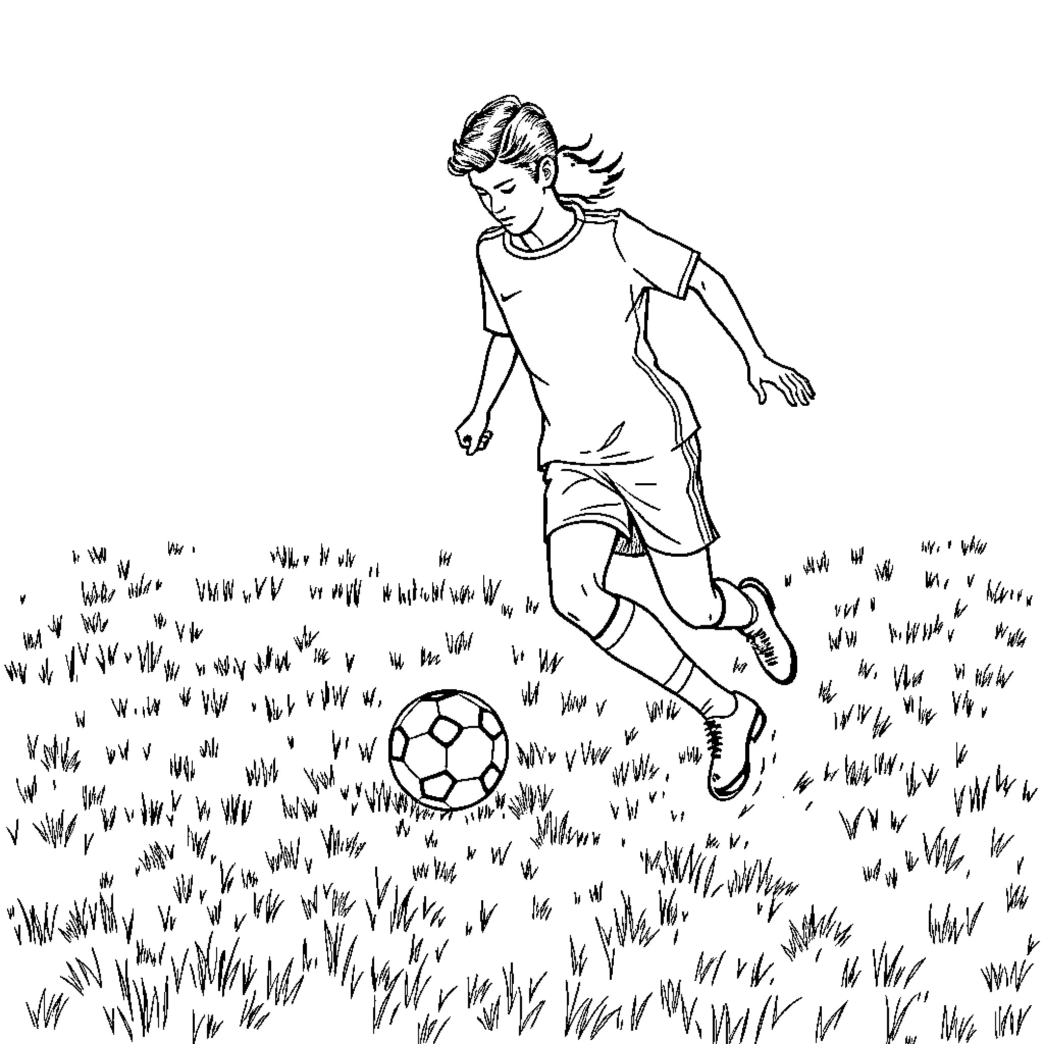 Shadow of a Soccer Player Kicking Ball on Field Coloring Page (free black-and-white line drawing printable PDF for all, from beginners to advanced learners, including children, teens, adults, and seniors)
