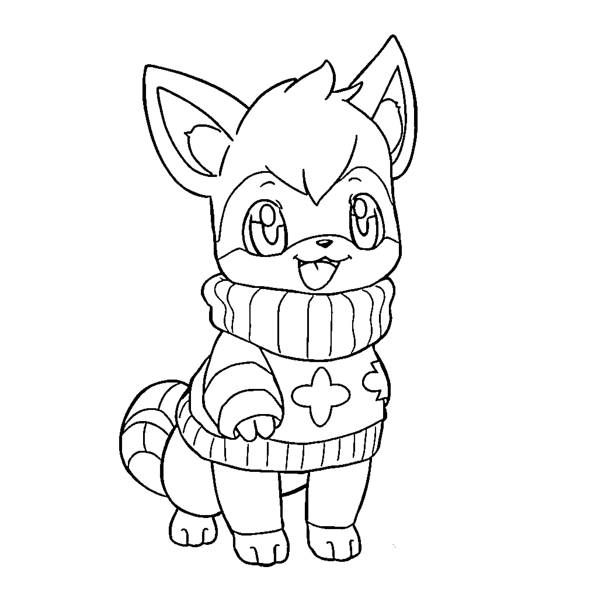 Growlith wearing a cozy sweater Coloring Page (free black-and-white line drawing printable PDF for all, from beginners to advanced learners, including children, teens, adults, and seniors)