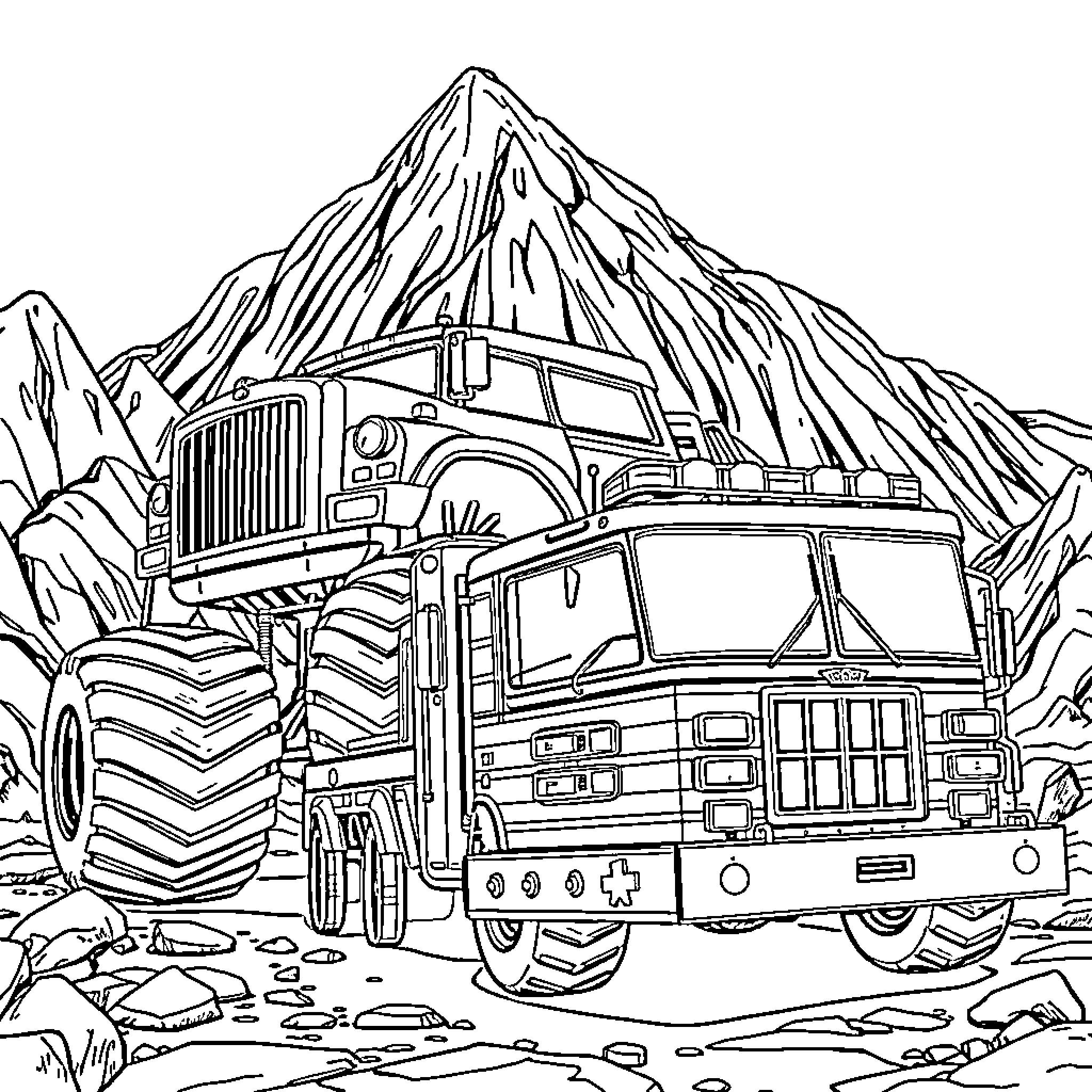 Truck traversing mountainous terrain Coloring Page (free black-and-white line drawing printable PDF for all, from beginners to advanced learners, including children, teens, adults, and seniors)