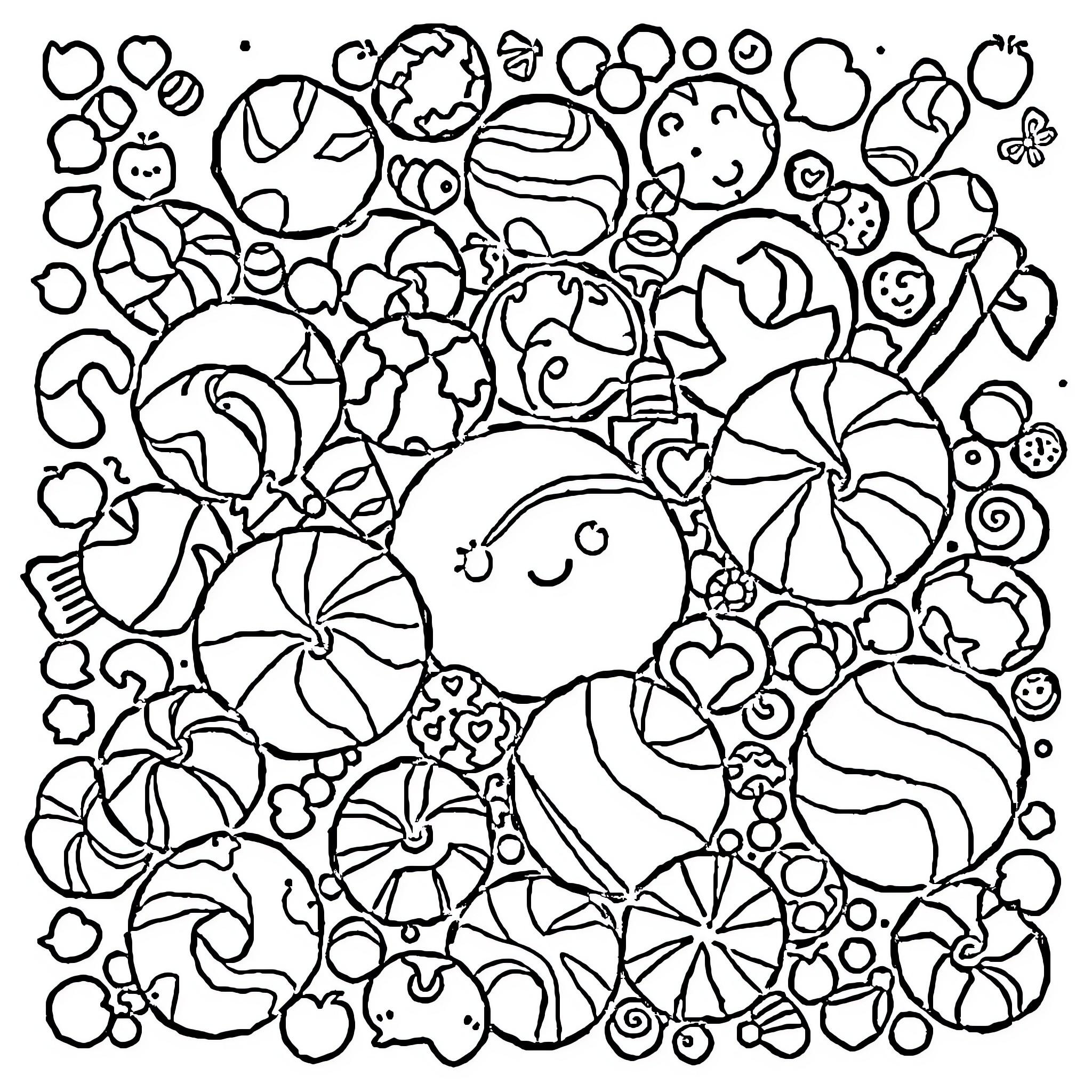 Candy Wonderland: Whimsical Sweets and Shapes Coloring Page (free black-and-white line drawing printable PDF for all, from beginners to advanced learners, including children, teens, adults, and seniors)