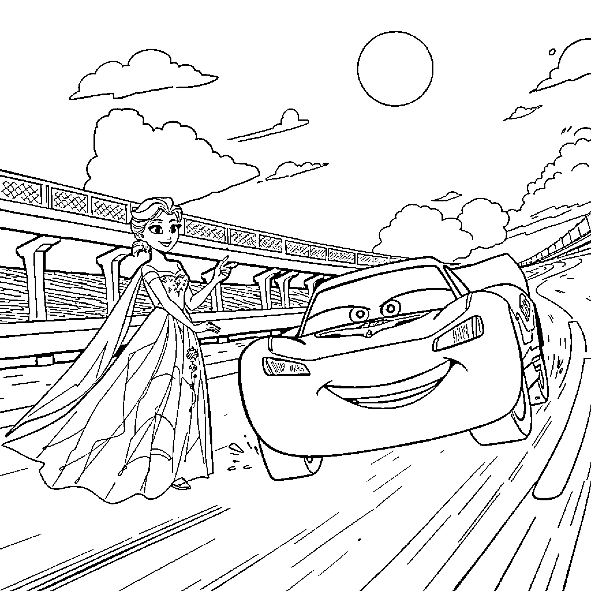 Elsa and Lightning McQueen's Magical Adventure Coloring Page (free black-and-white line drawing printable PDF for all, from beginners to advanced learners, including children, teens, adults, and seniors)