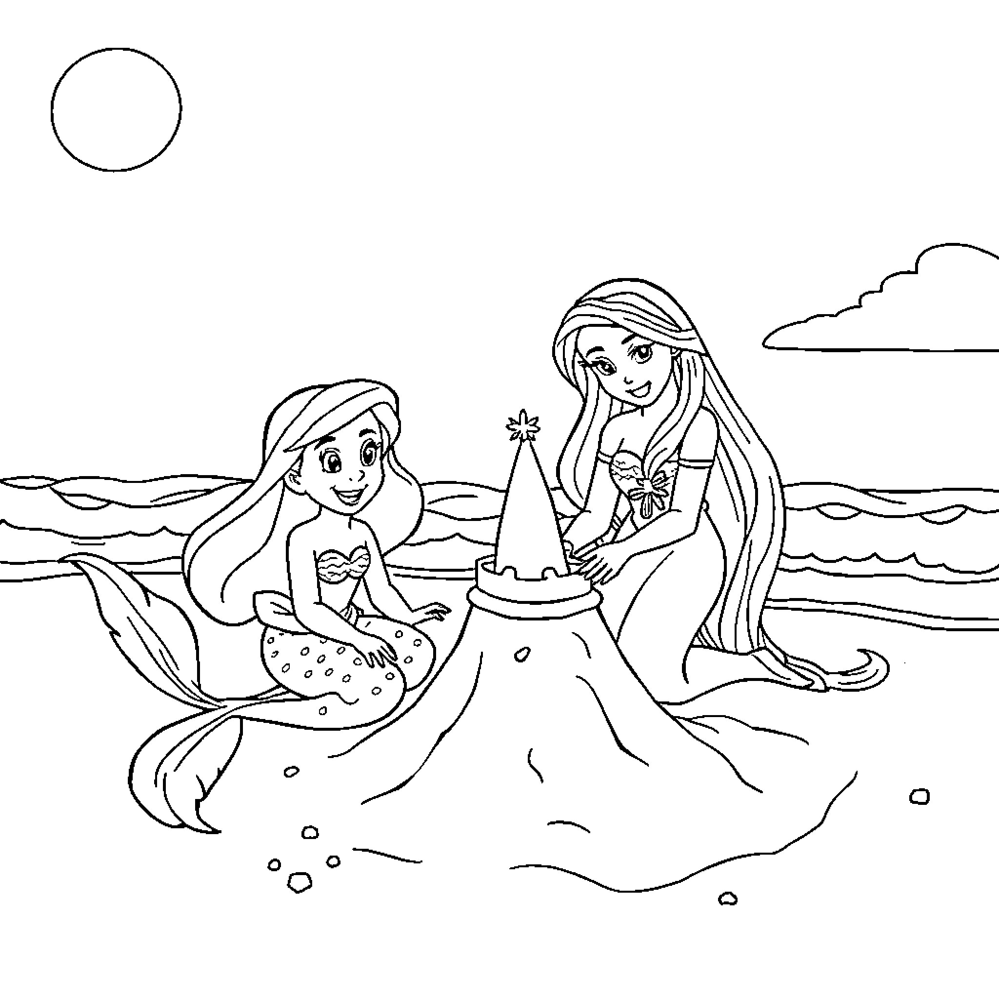 Mermaid sisters playing in the ocean Coloring Page (free black-and-white line drawing printable PDF for all, from beginners to advanced learners, including children, teens, adults, and seniors)