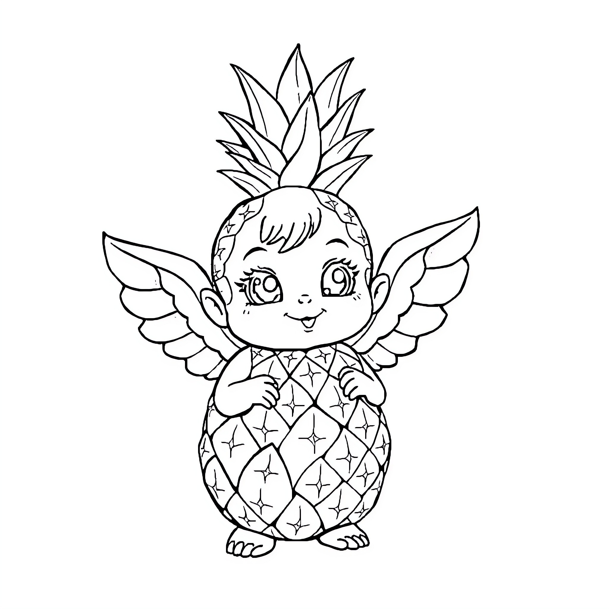 Sonny Angel with pineapple-inspired outfit and wings Coloring Page (free black-and-white line drawing printable PDF for all, from beginners to advanced learners, including children, teens, adults, and seniors)