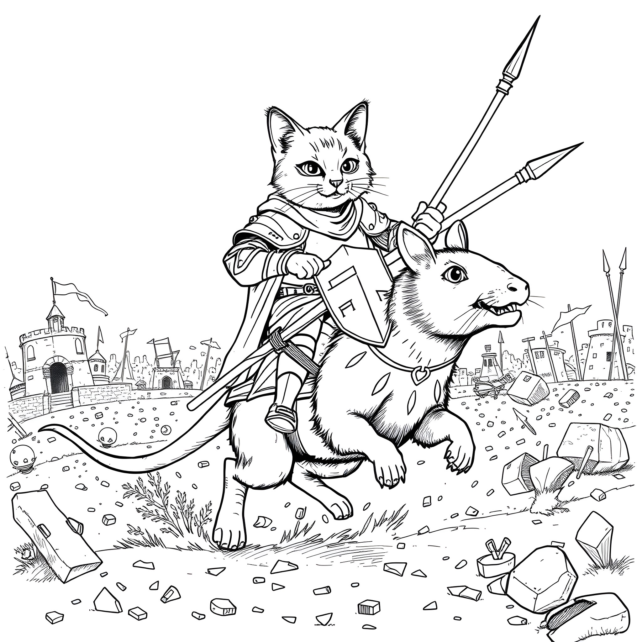 Cat Knight Riding Armored Rabbit in Fantasy Landscape Coloring Page (free black-and-white line drawing printable PDF for all, from beginners to advanced learners, including children, teens, adults, and seniors)