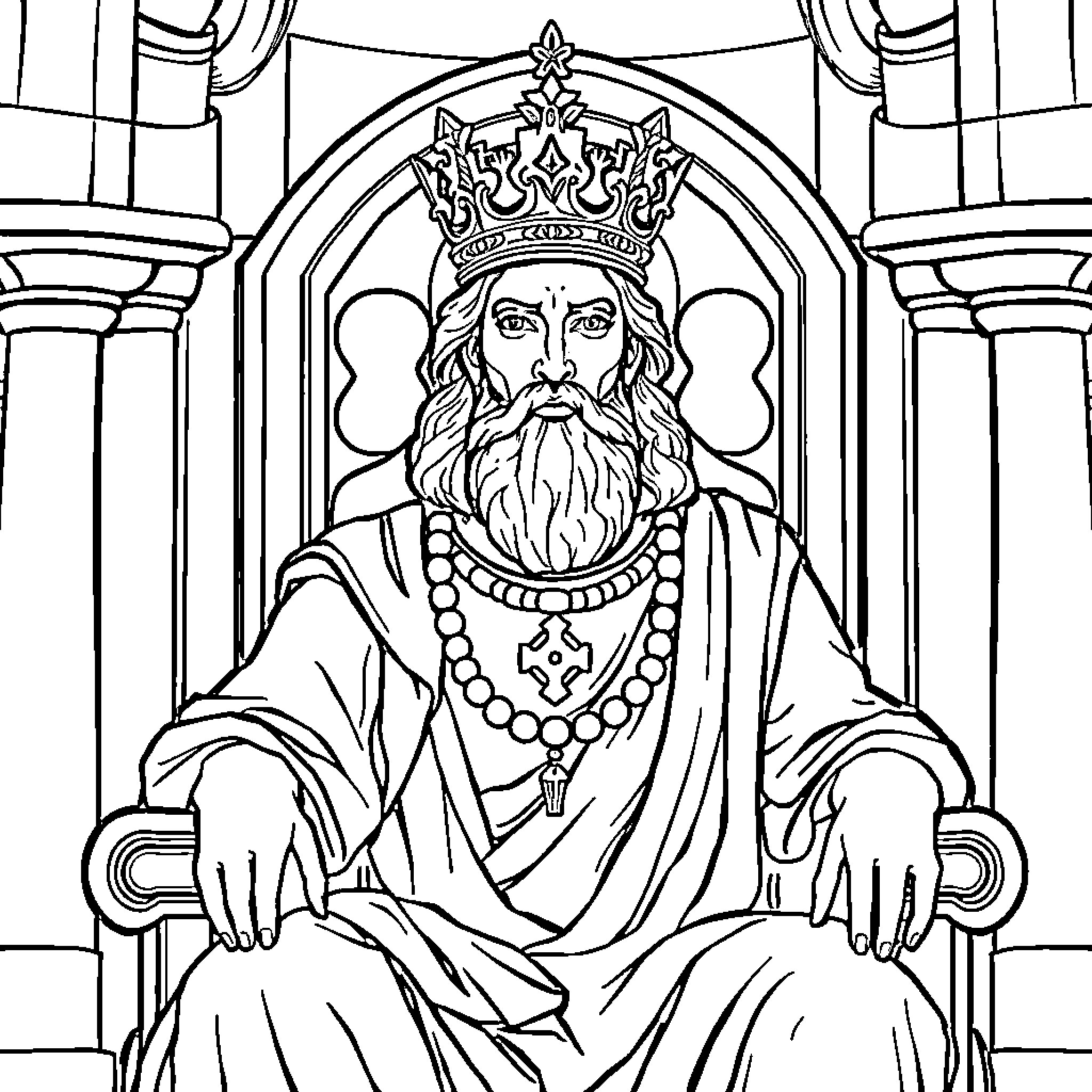 David, the Regal King on the Throne Coloring Page (free black-and-white line drawing printable PDF for all, from beginners to advanced learners, including children, teens, adults, and seniors)