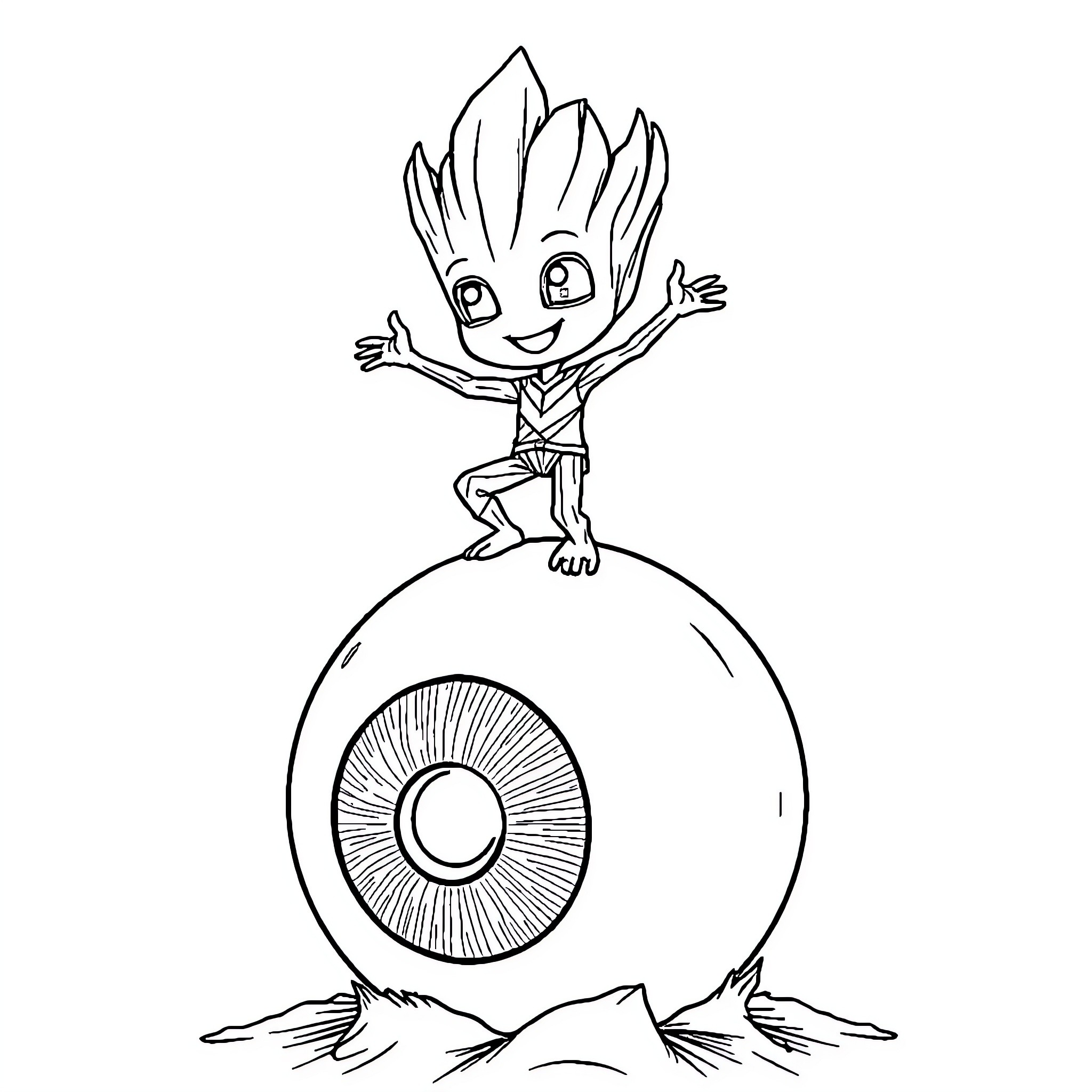 Baby Groot balancing joyfully on a giant eyeball Coloring Page (free black-and-white line drawing printable PDF for all, from beginners to advanced learners, including children, teens, adults, and seniors)