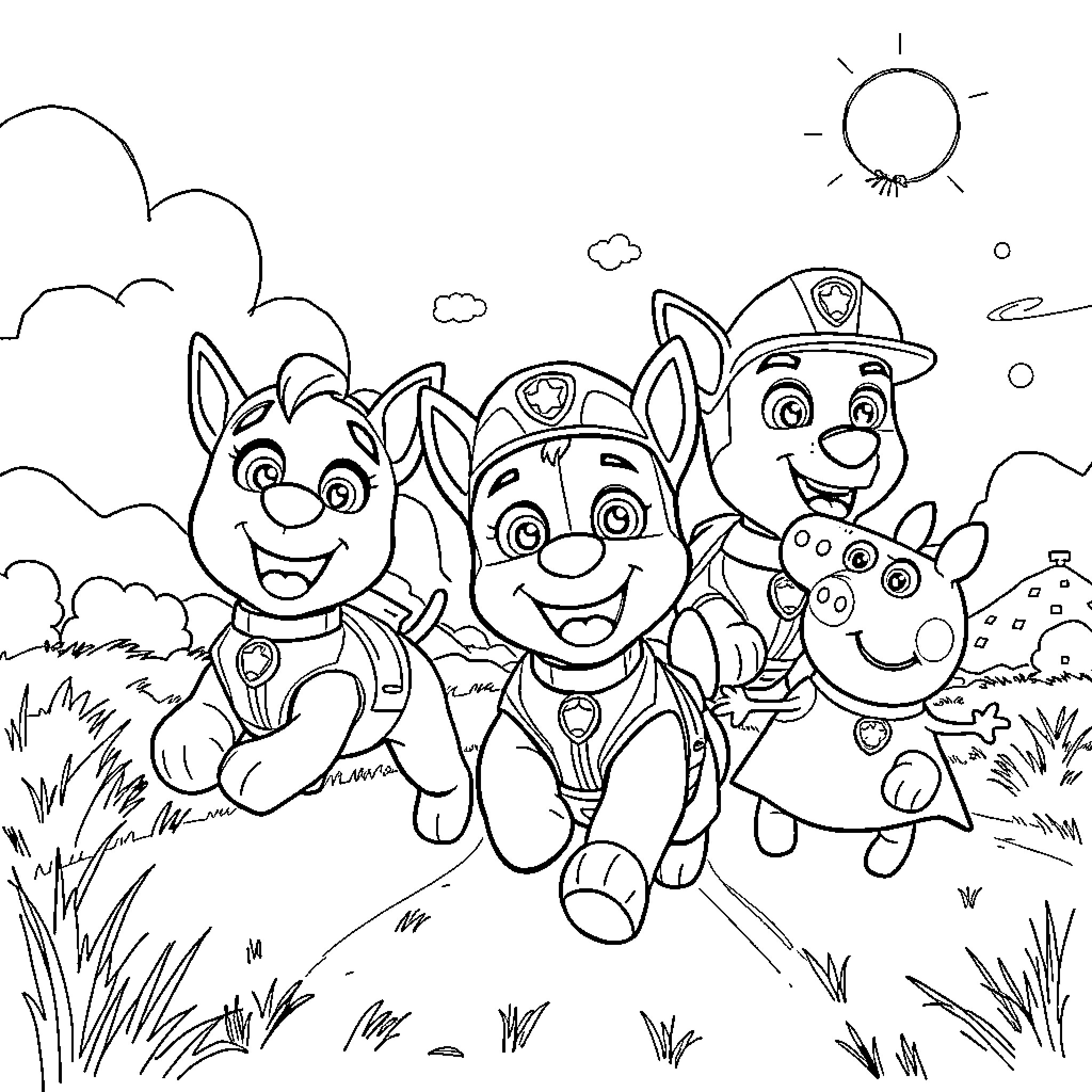 Paw Patrol heroes on an adventure Coloring Page (free black-and-white line drawing printable PDF for all, from beginners to advanced learners, including children, teens, adults, and seniors)