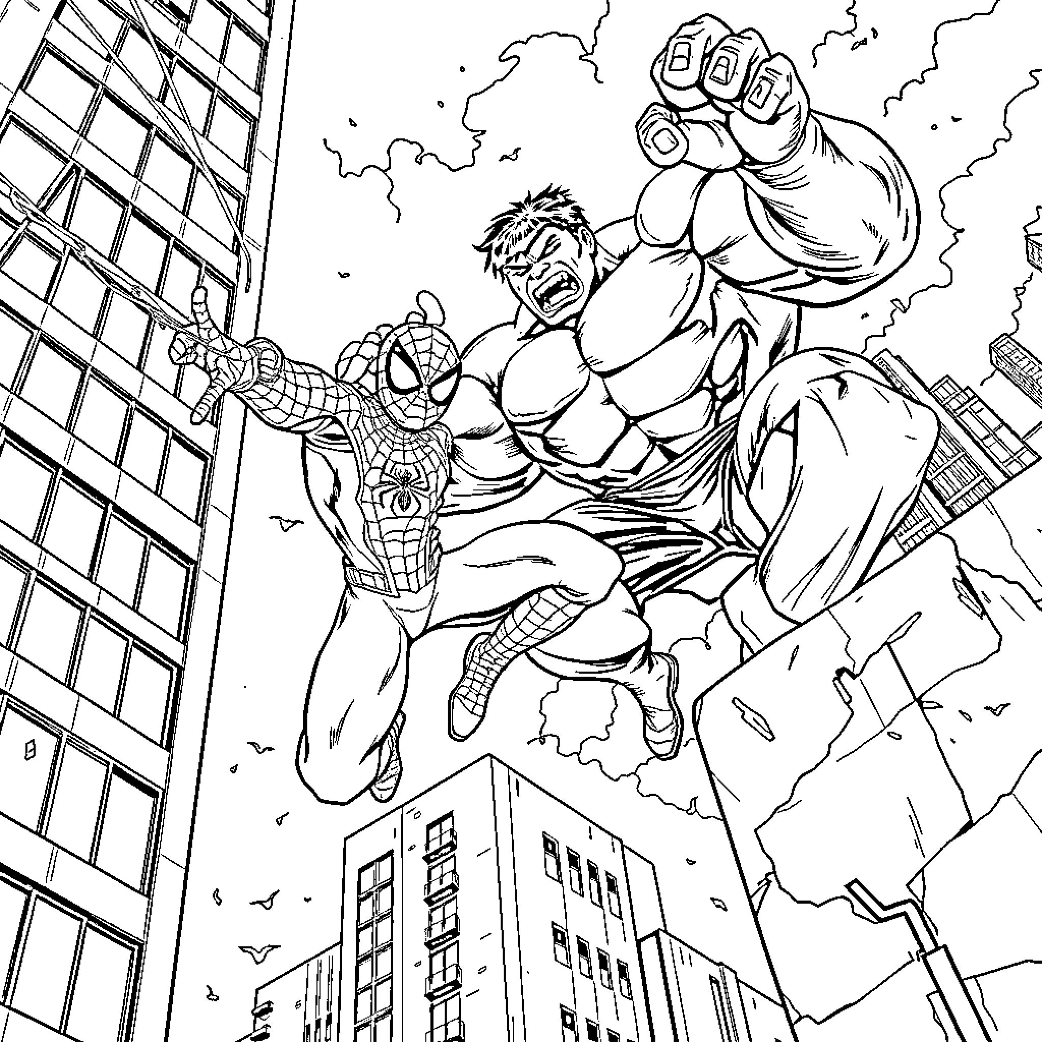 Spiderman battles a powerful foe in the city Coloring Page (free black-and-white line drawing printable PDF for all, from beginners to advanced learners, including children, teens, adults, and seniors)