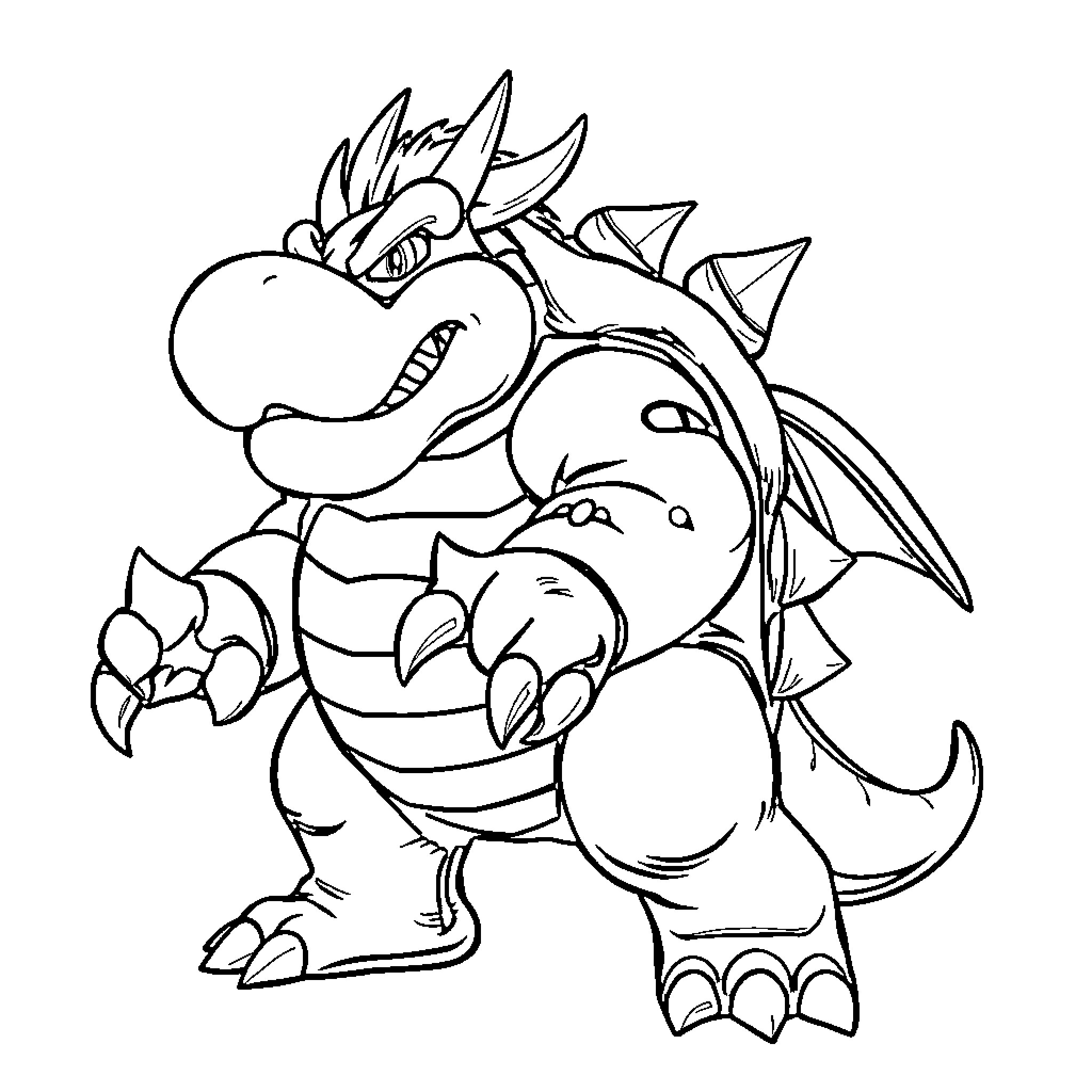 Bowser, the iconic Nintendo villain, depicted in a playful stance Coloring Page (free black-and-white line drawing printable PDF for all, from beginners to advanced learners, including children, teens, adults, and seniors)