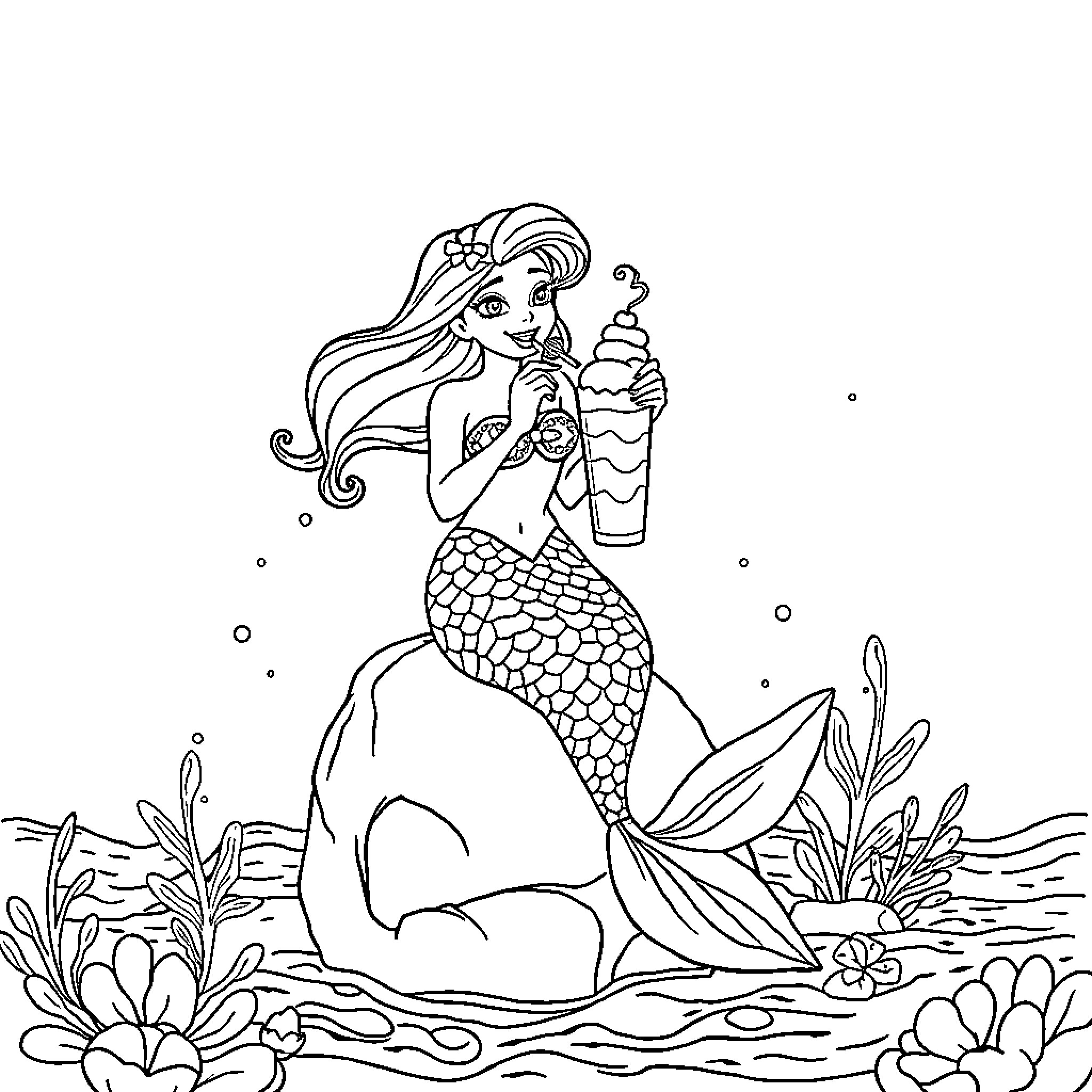 Mermaid enjoying a refreshing treat underwater Coloring Page (free black-and-white line drawing printable PDF for all, from beginners to advanced learners, including children, teens, adults, and seniors)