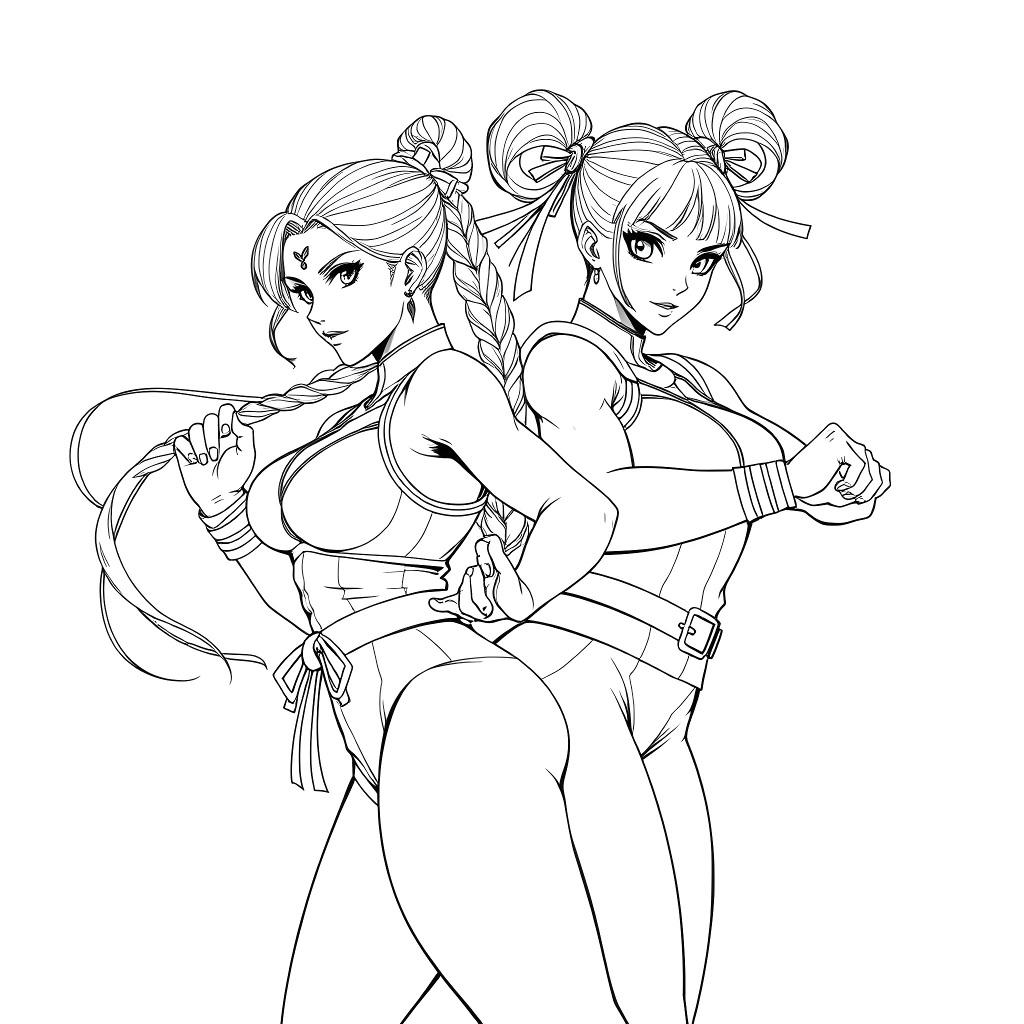 Chun Li - Two athletic women striking poses Coloring Page (free black-and-white line drawing printable PDF for all, from beginners to advanced learners, including children, teens, adults, and seniors)